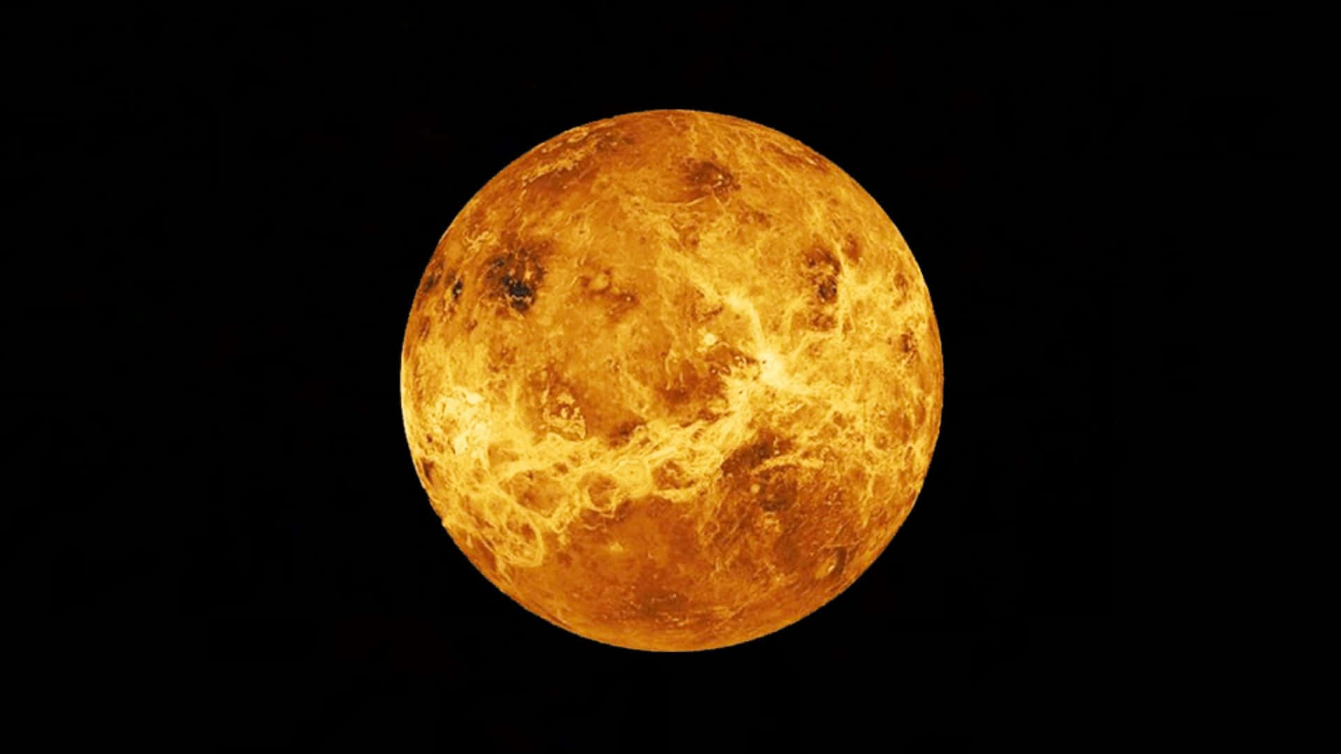 太空中一顆發光的橙色行星金星，表面有漩渦狀圖案。
