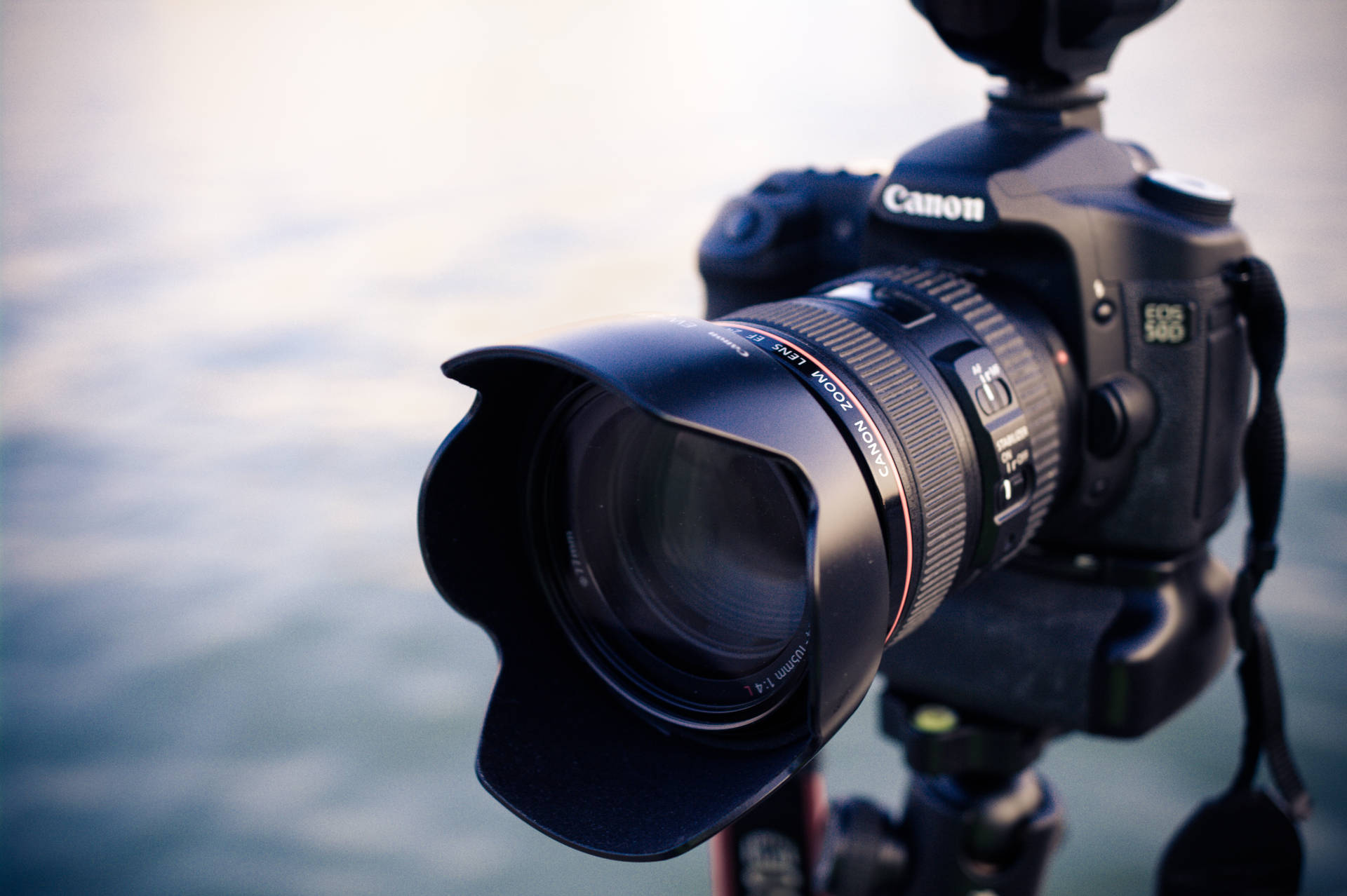 近距離拍攝水邊三腳架上的Canon DSLR相機。