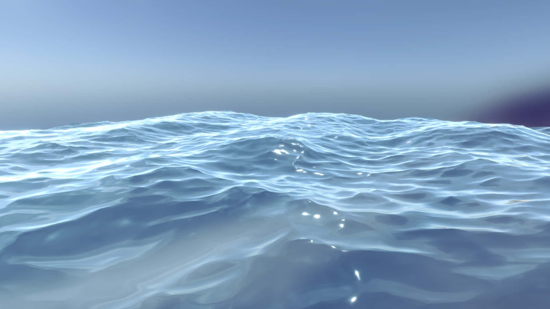 3d Ocean 桌布 壁紙 — 廣闊寧靜的海洋波浪在柔和黃昏天空下蕩漾，柔和光線反射在紋理水面上。