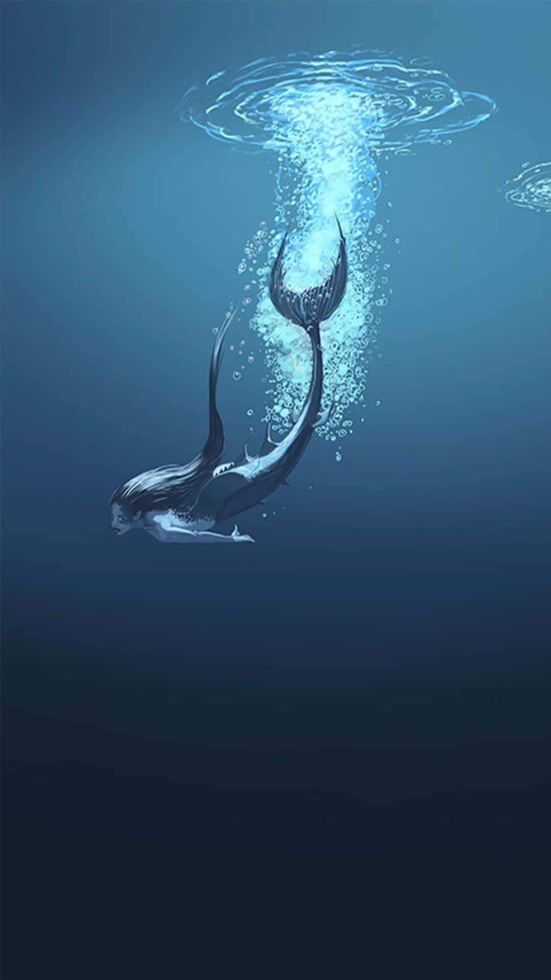 一條美人魚從海洋深處升起，留下一串氣泡朝水面而去。