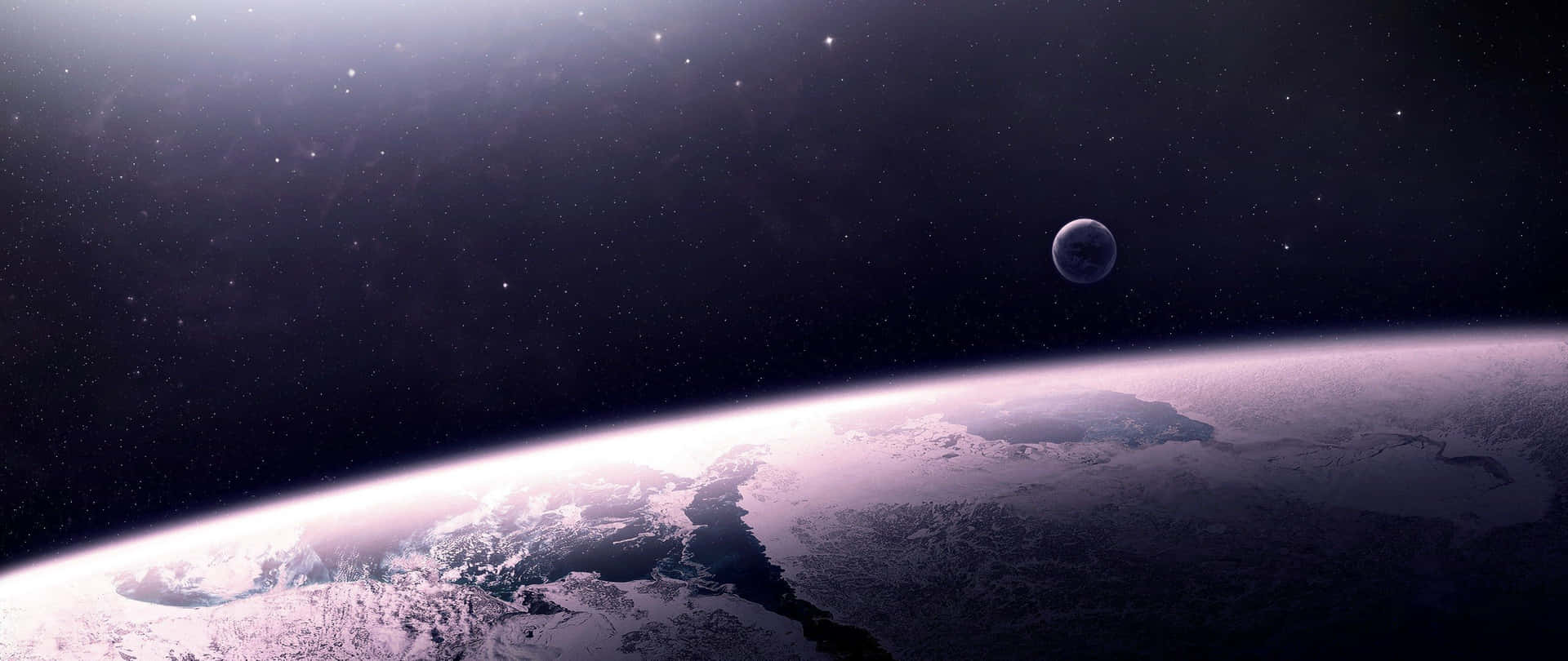 被雪覆蓋嘅行星地平線，有星星同遠方嘅月亮喺太空。