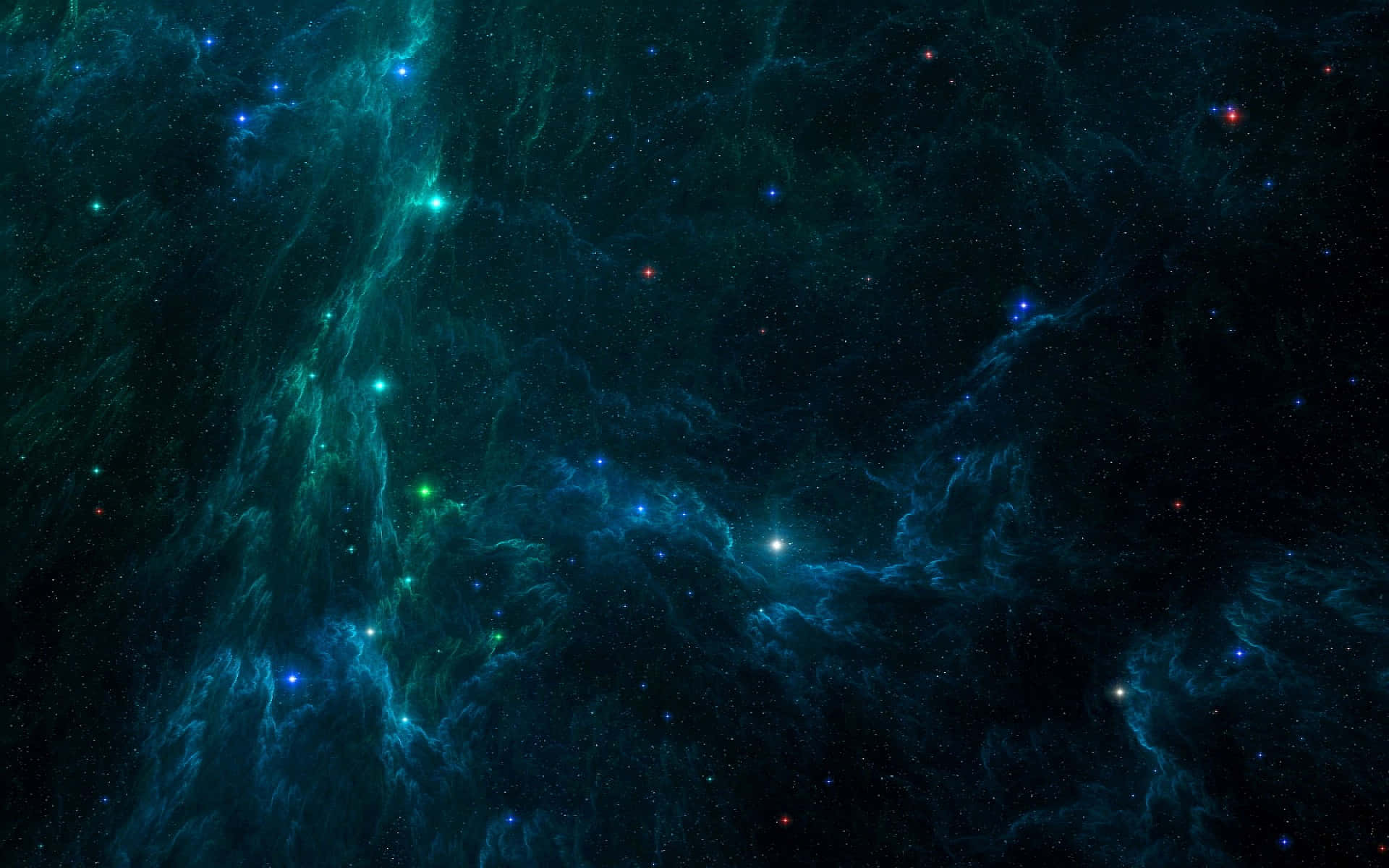 Cosmic Rays 桌布 壁紙 — 廣闊的宇宙星雲在散佈著藍色和紅色星星的星空背景下，發出電光藍綠和深靛藍的光芒。
