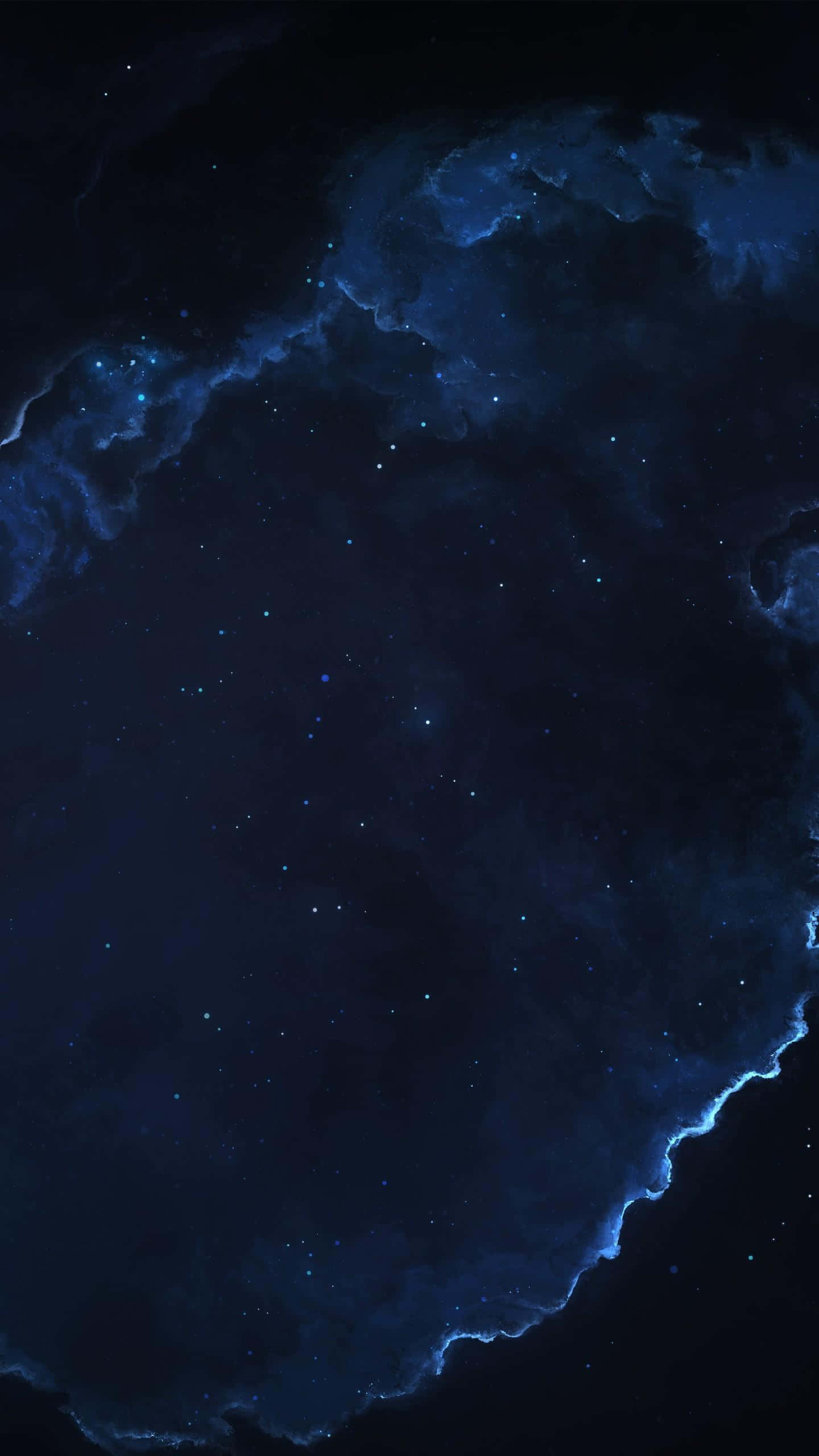 深色手機 桌布 壁紙 — 廣闊的宇宙星雲在深藍色和黑色中旋轉，點綴著閃爍的星星，襯托著虛空。