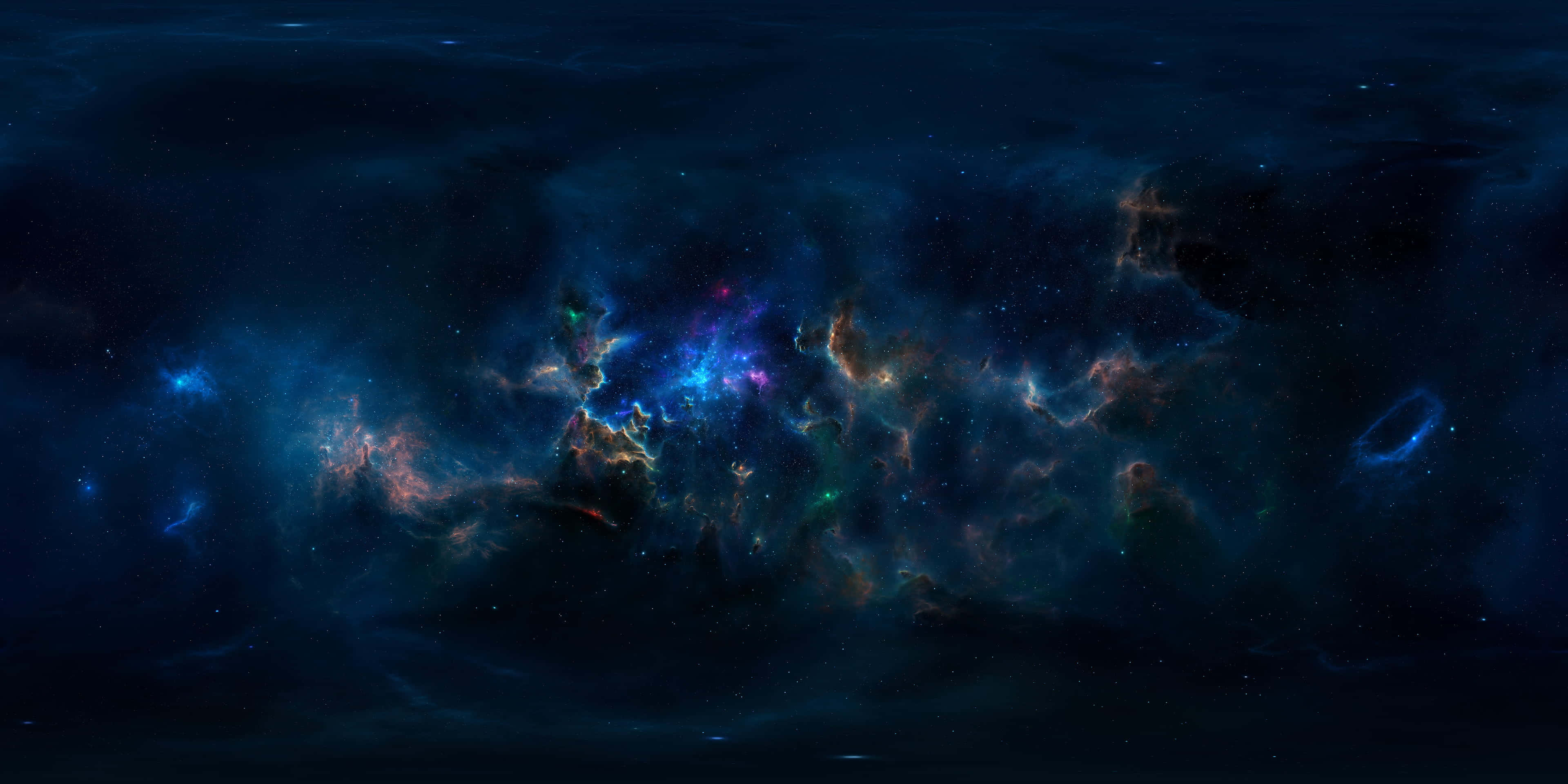 Galaxy Themed Paintings 桌布 壁紙 — 廣闊的宇宙星雲在繁星點點的虛空中閃耀著電光藍、紫和火橙色。