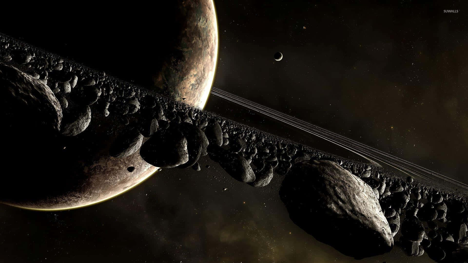 Asteroid 桌布 壁紙 — 廣闊的小行星帶橫跨太空，背景中一顆帶環行星在星空下閃耀。