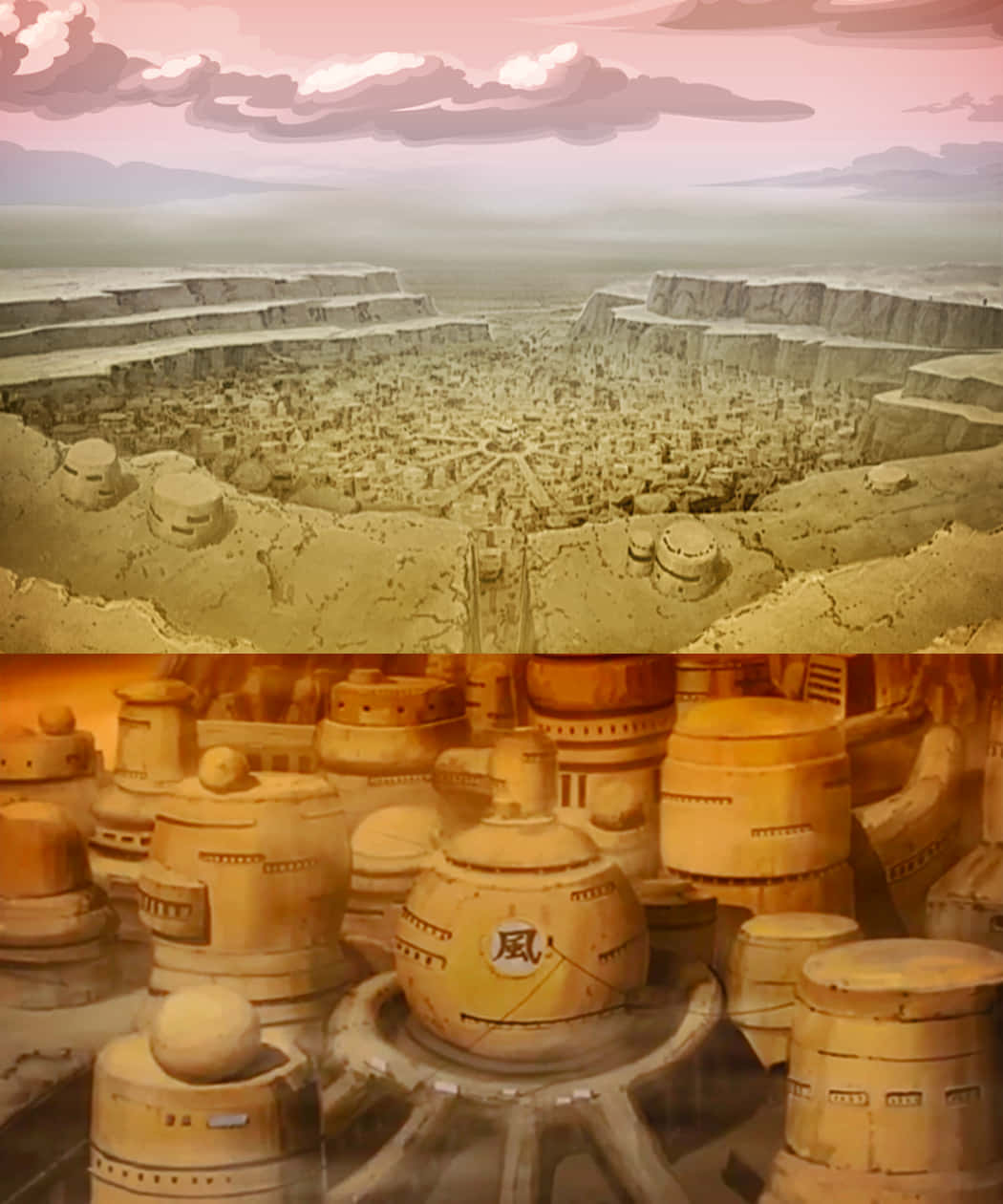 Hidden Sand Village 桌布 壁紙 — 廣闊的沙漠城市坐落在峽谷中，有黃褐色砂岩建築和粉紅色天空。