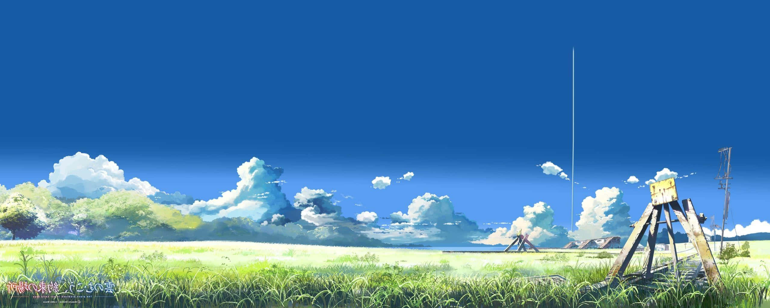 Makoto Shinkai 桌布 壁紙 — 廣闊的綠色田野，上方是明亮的藍天，點綴著蓬鬆的白雲，前景有一座質樸的木結構。