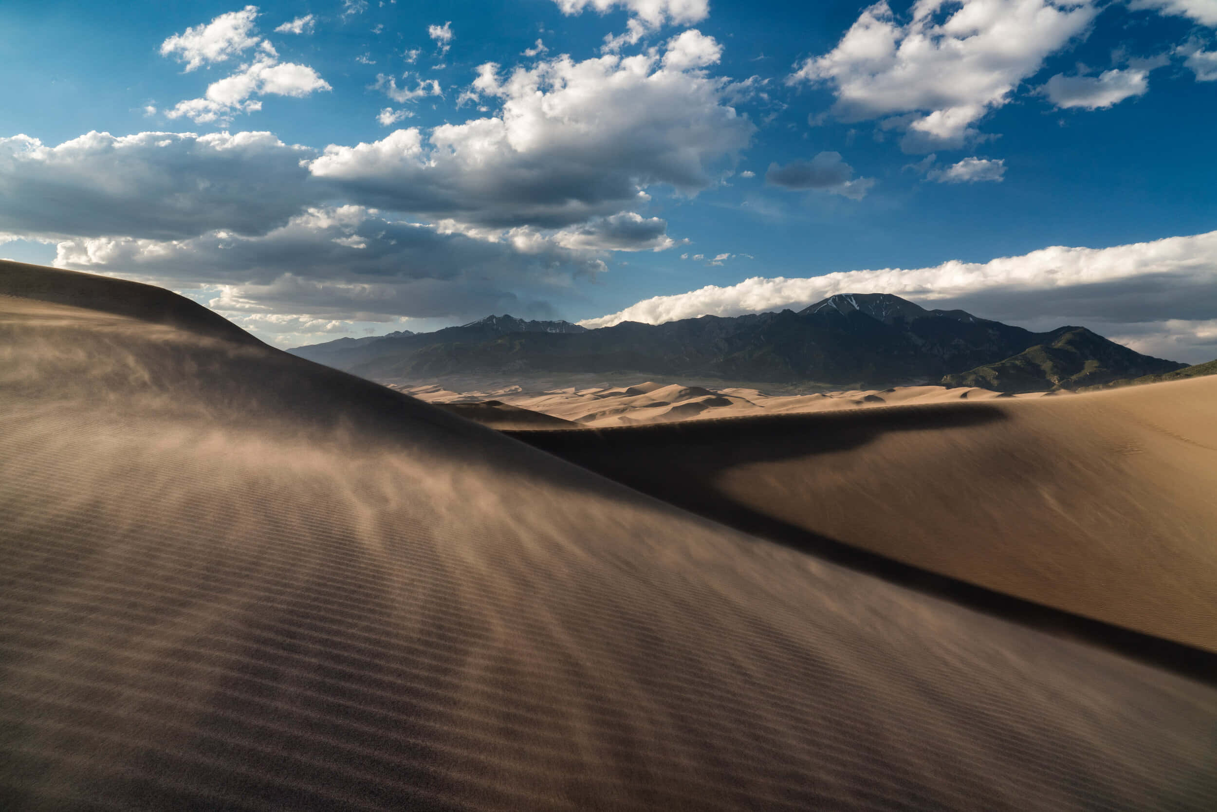 Sand Dunes 桌布 壁紙 — 廣闊的金色沙丘在戲劇性的藍天下起伏，點綴著蓬鬆的白雲和遠處的雪山。