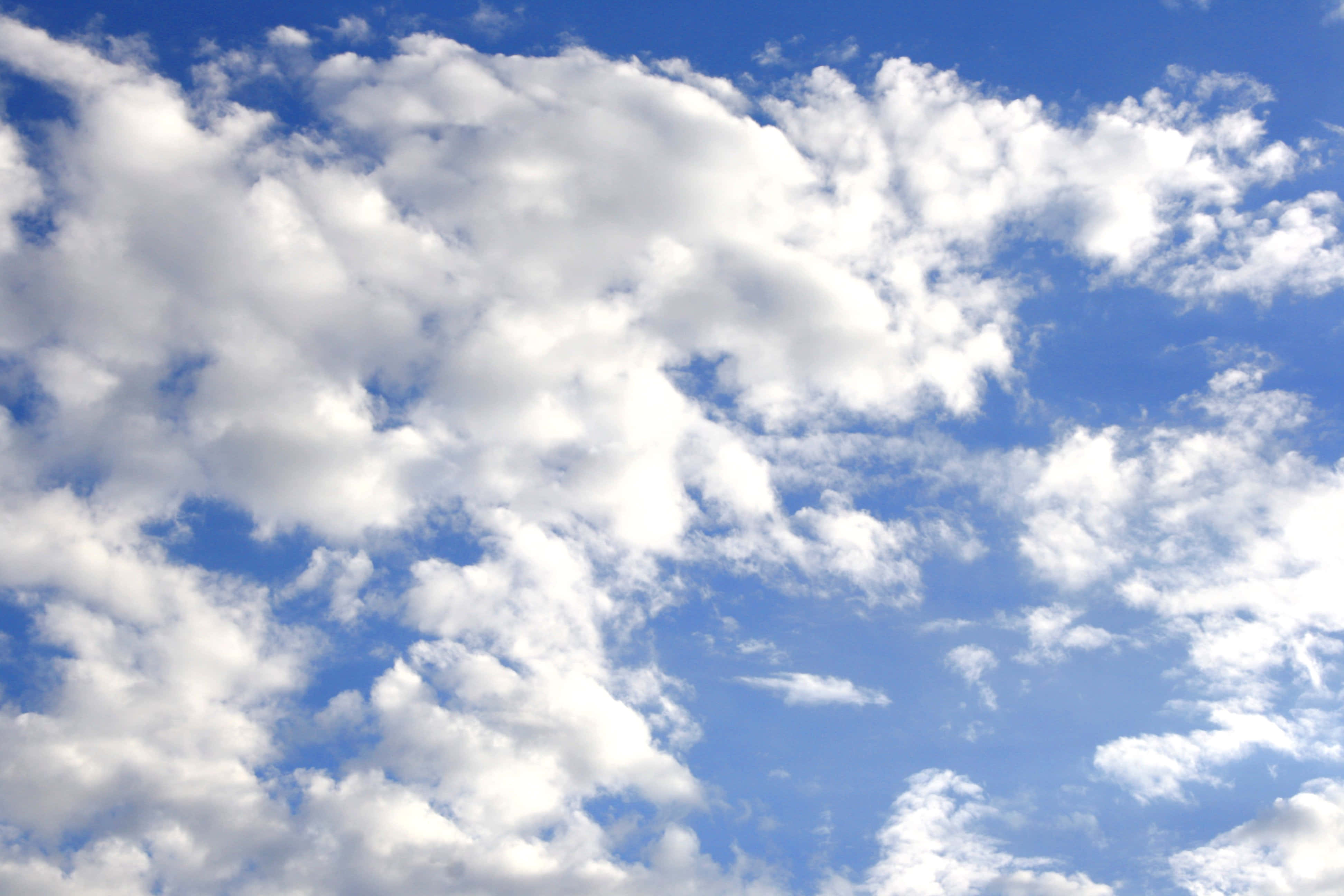 Blue Skies 桌布 壁紙 — 廣闊藍天，佈滿蓬鬆白雲，在明亮白天的地平線上飄移。