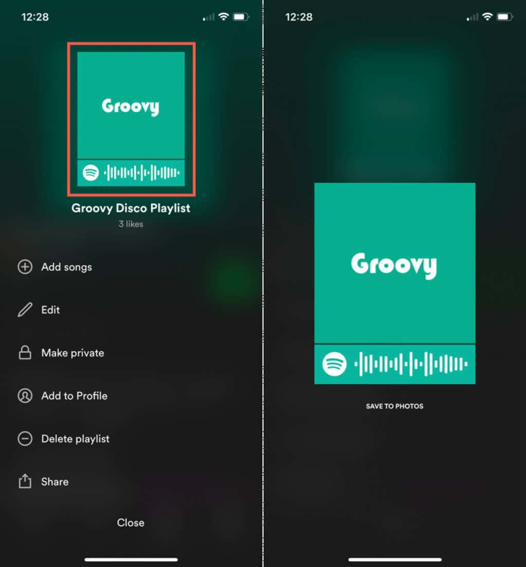 Spotify播放清單畫面顯示「Groovy Disco Playlist」，附有青綠色封面。