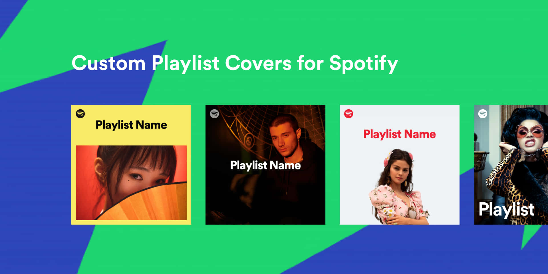 四個Spotify播放清單封面，包含不同人物和色彩繽紛的背景。
