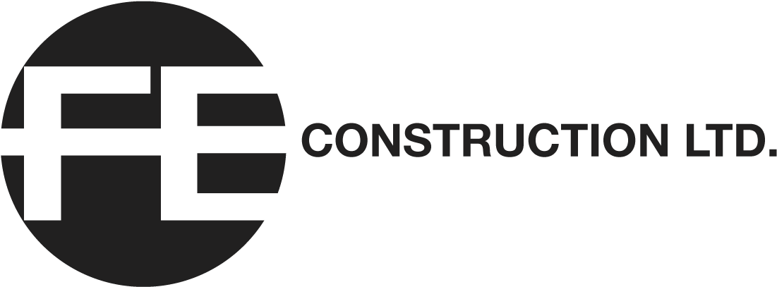建築公司標誌設計 壁紙 — FE Construction Ltd 的簡約黑灰色標誌，圓圈內有風格化的字母。