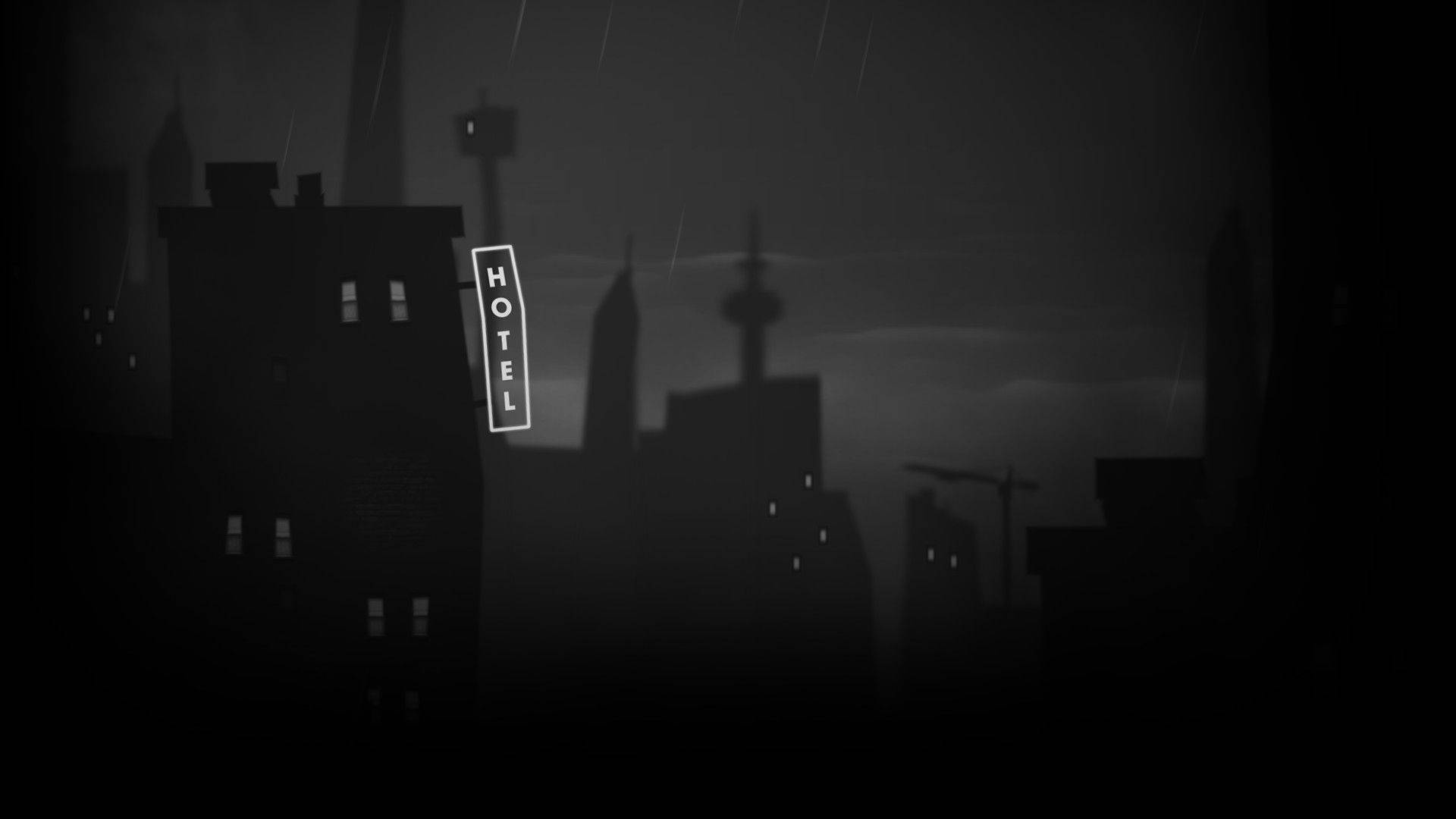 建築剪影黑調風 Tumblr 電腦壁紙 壁紙 — 單色城市夜景，雨水落在剪影建築物和發光的酒店標誌上。