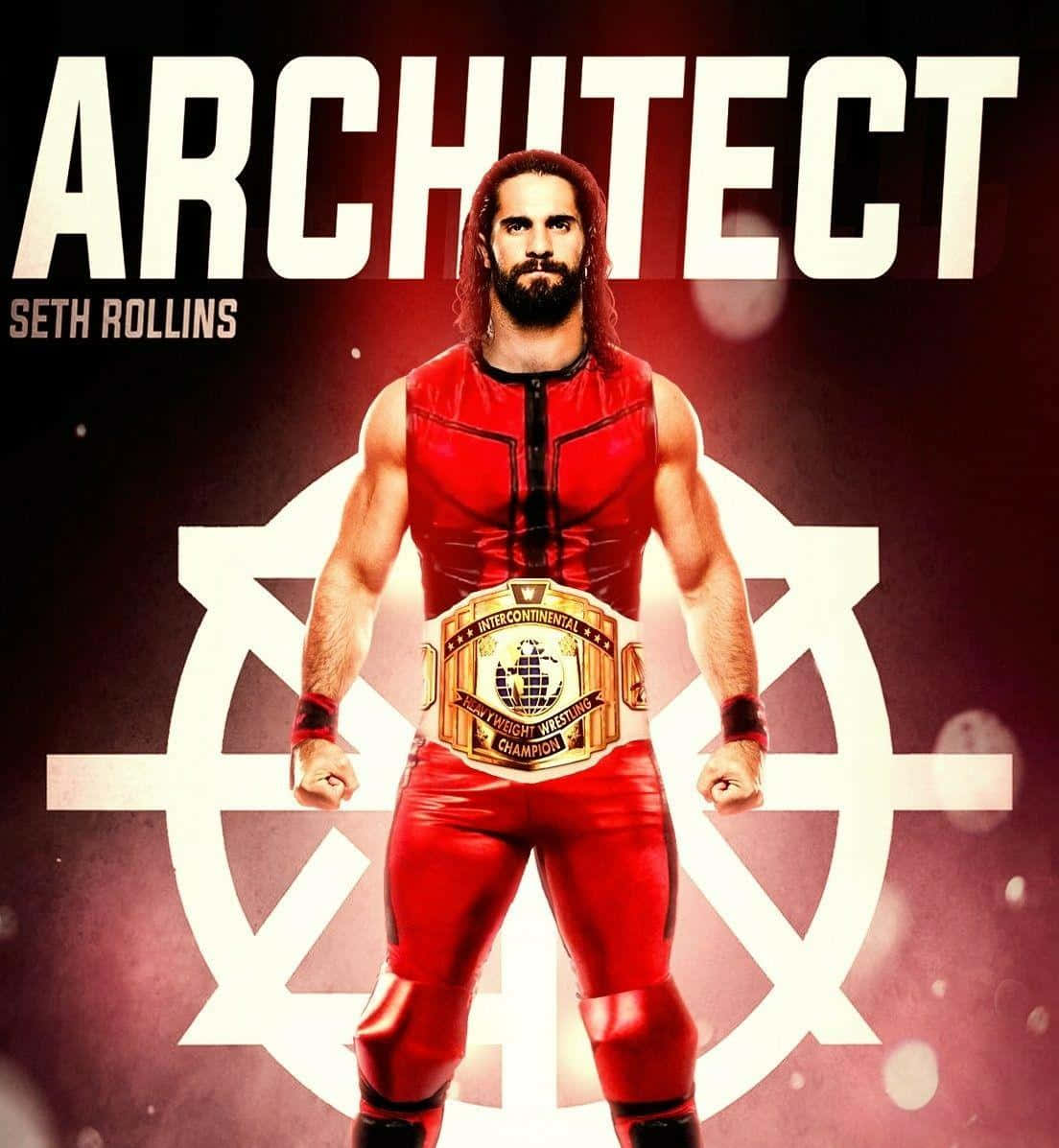 摔角手 Seth Rollins 身穿紅色裝備，手持冠軍腰帶，背景帶有發光的星爆設計。