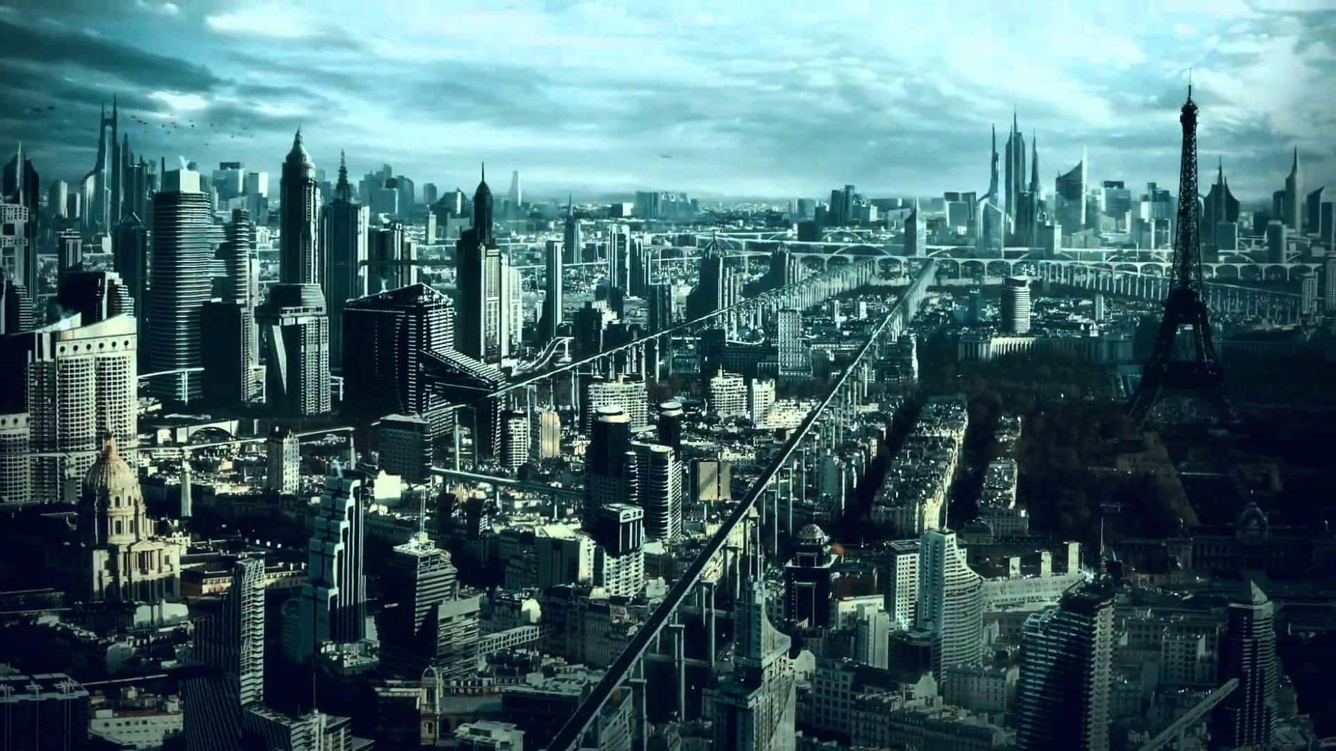 建築群 1920x1080 文明：地球以外 背景 壁紙 — 陰天天空下，未來主義的巴黎天際線中，艾菲爾鐵塔高聳於摩天大樓之間的氛圍航空視圖。