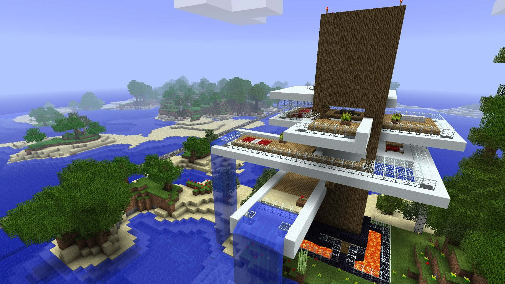 現代Minecraft樹屋，設有可俯瞰海洋島嶼的游泳池