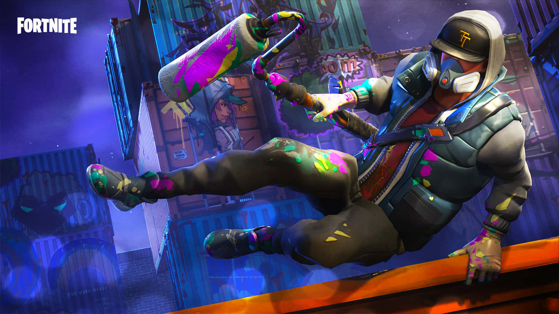 Fortnite角色在半空中用霓虹漆塗抹屋頂，背景是夜間的賽博龐克城市。