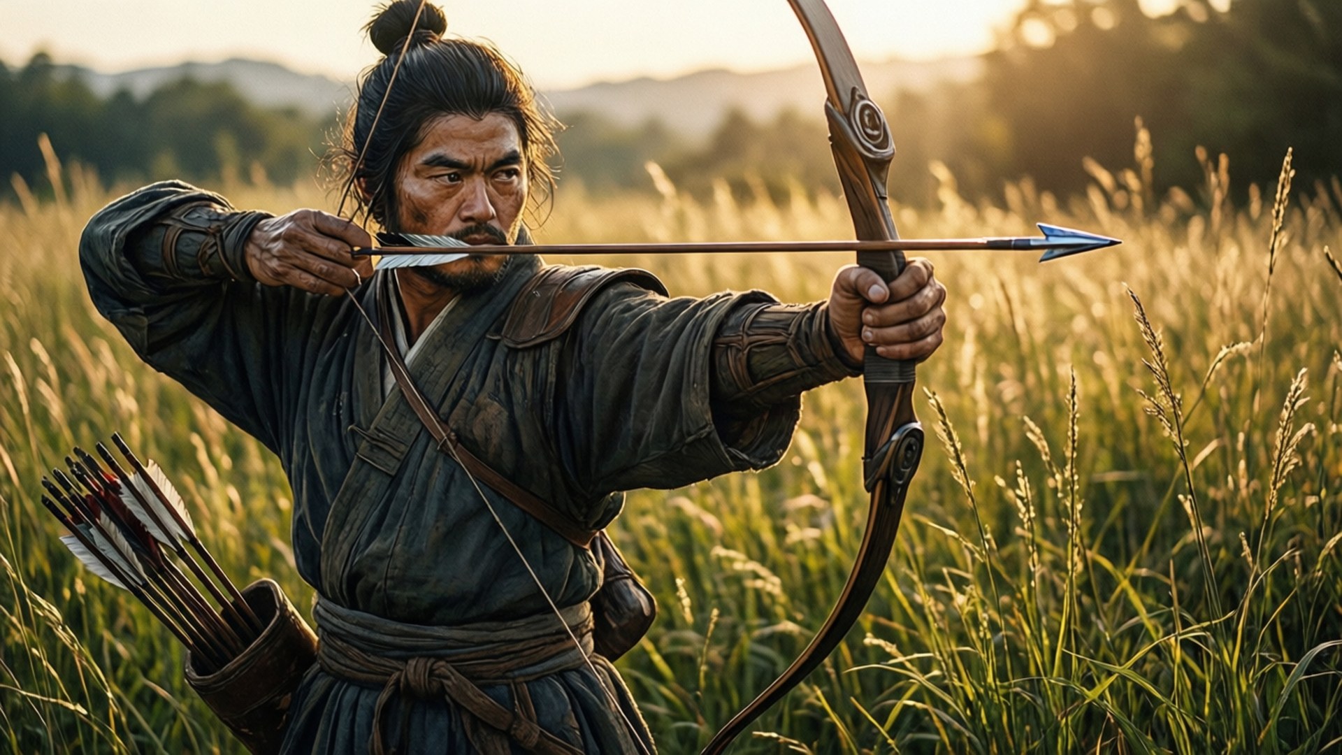 弓箭手的專注 壁紙 — 一位專注的武士弓箭手在陽光明媚的高草叢中，於黃金時刻拉開他的弓。