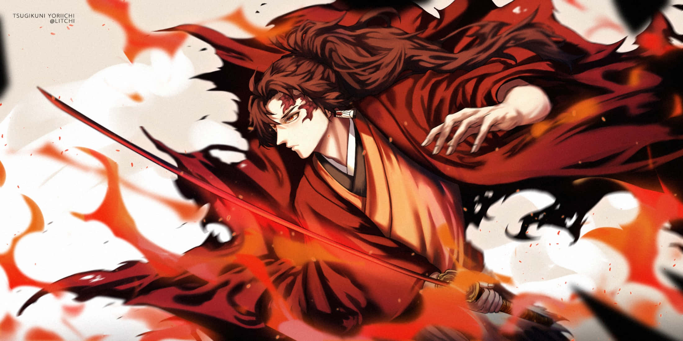 弓道之主——志村彌一 壁紙 — 一位身穿紅袍的熾熱動漫戰士，以動態動作揮舞發光劍刃斬開火焰。