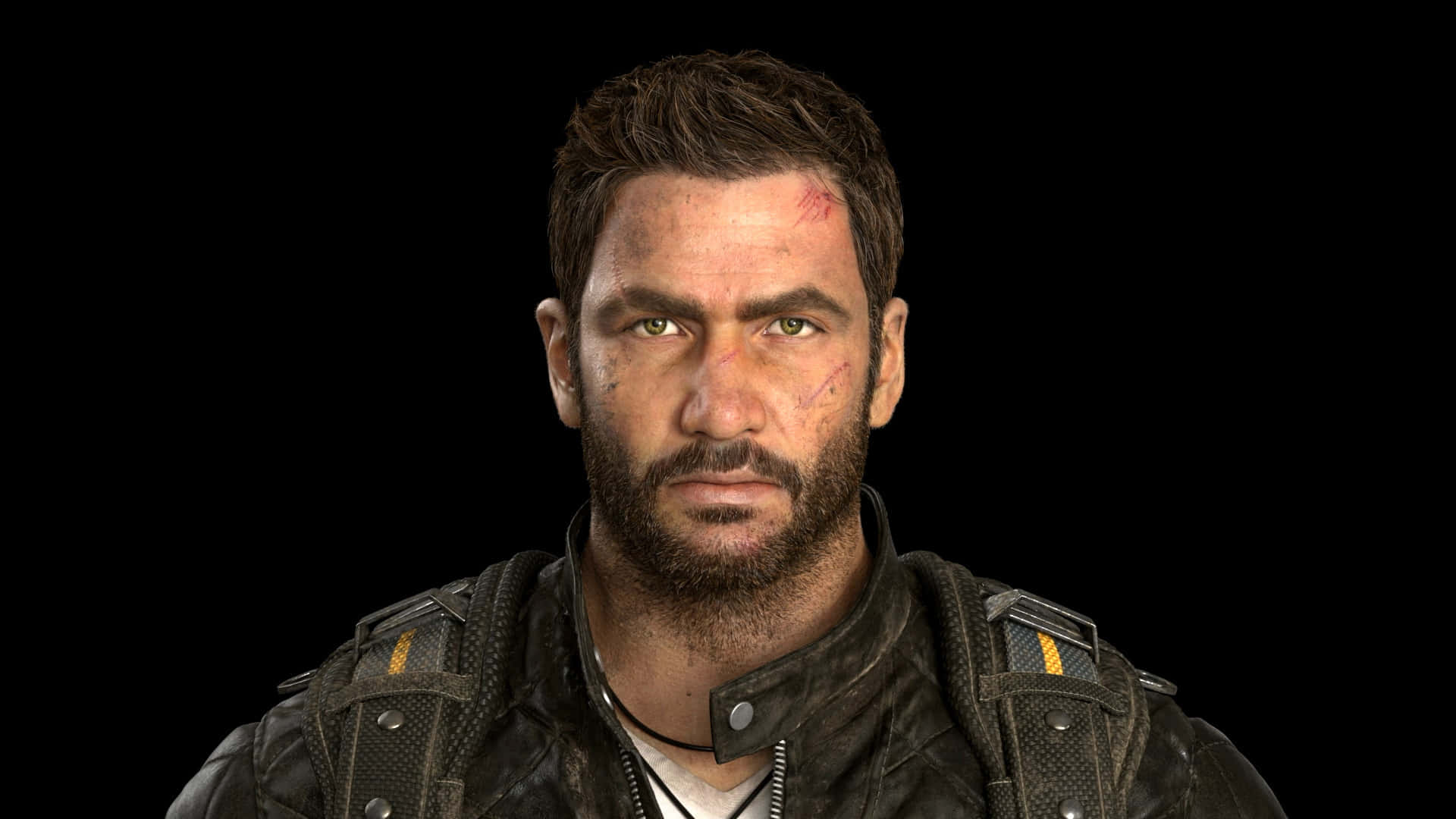 引人入勝的 1920x1080 Just Cause 4 遊戲場景背景 壁紙 — 一個留鬍子、額頭有疤痕的粗獷男人，穿著戰術背心，在黑色背景前凝視著。