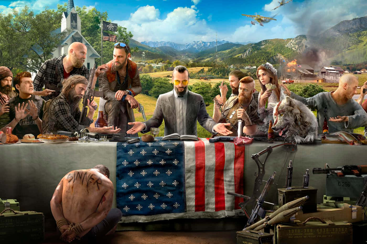 引人入勝的《Far Cry 5》遊戲畫面背景 壁紙 — 一群堅韌的後末日倖存者聚集在一張鋪有美國國旗的桌子周圍，周圍環繞著武器和背景中的教堂。