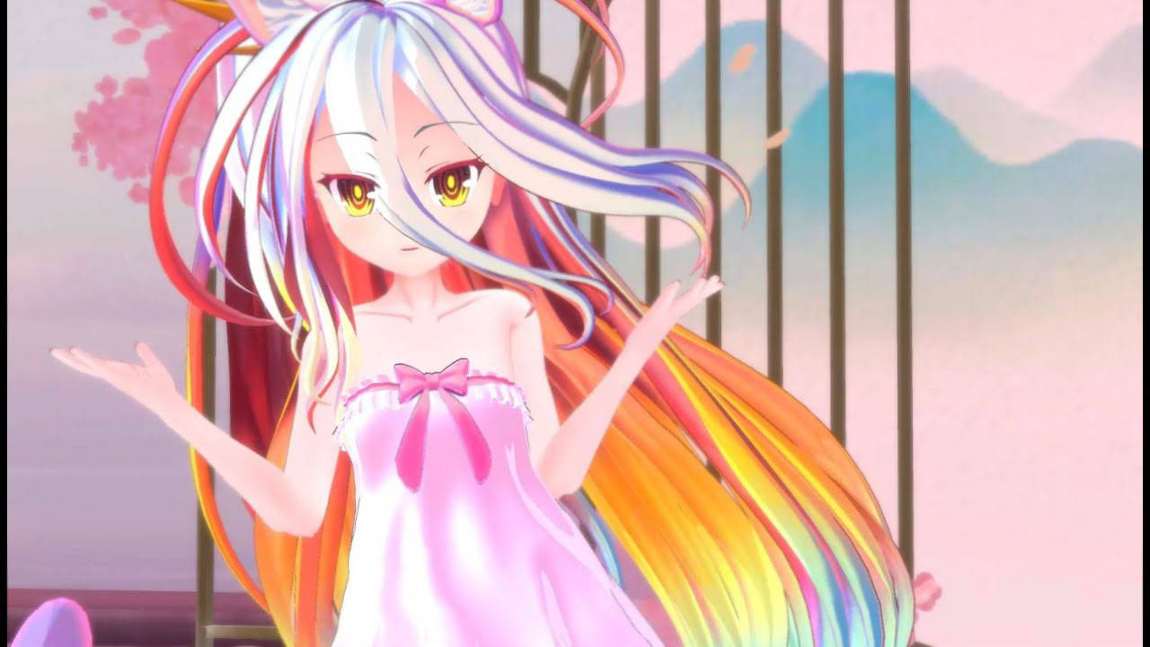 引人入勝的 VRChat Shiro 角色沉浸於數位世界 壁紙 — 一個充滿活力的動漫女孩，擁有彩虹色頭髮和金色眼睛，穿著粉紅色連衣裙，站在欄杆後面，櫻花飄落。