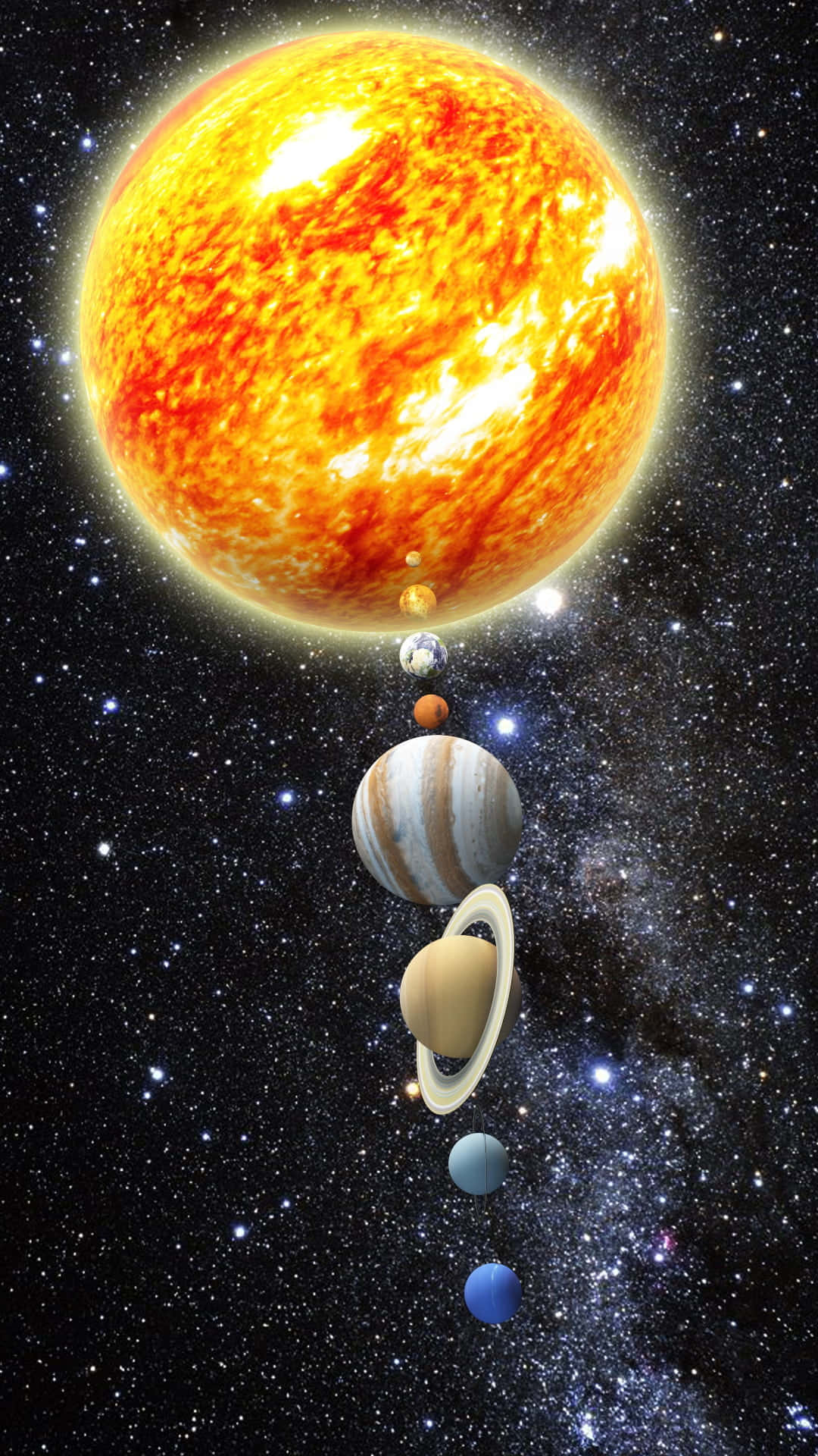 引人入勝的地球科學插圖 壁紙 — 一個充滿活力的太陽系，熾熱的太陽和行星垂直排列在繁星點點的宇宙背景上。