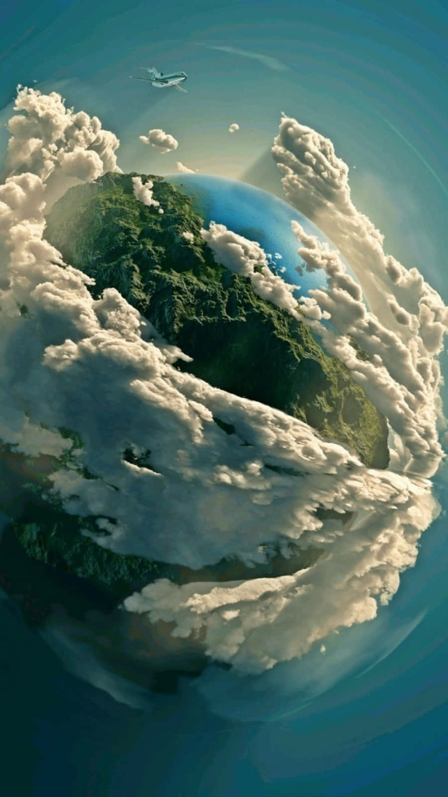 一個被雲層覆蓋的行星，上方有一架飛機飛過。