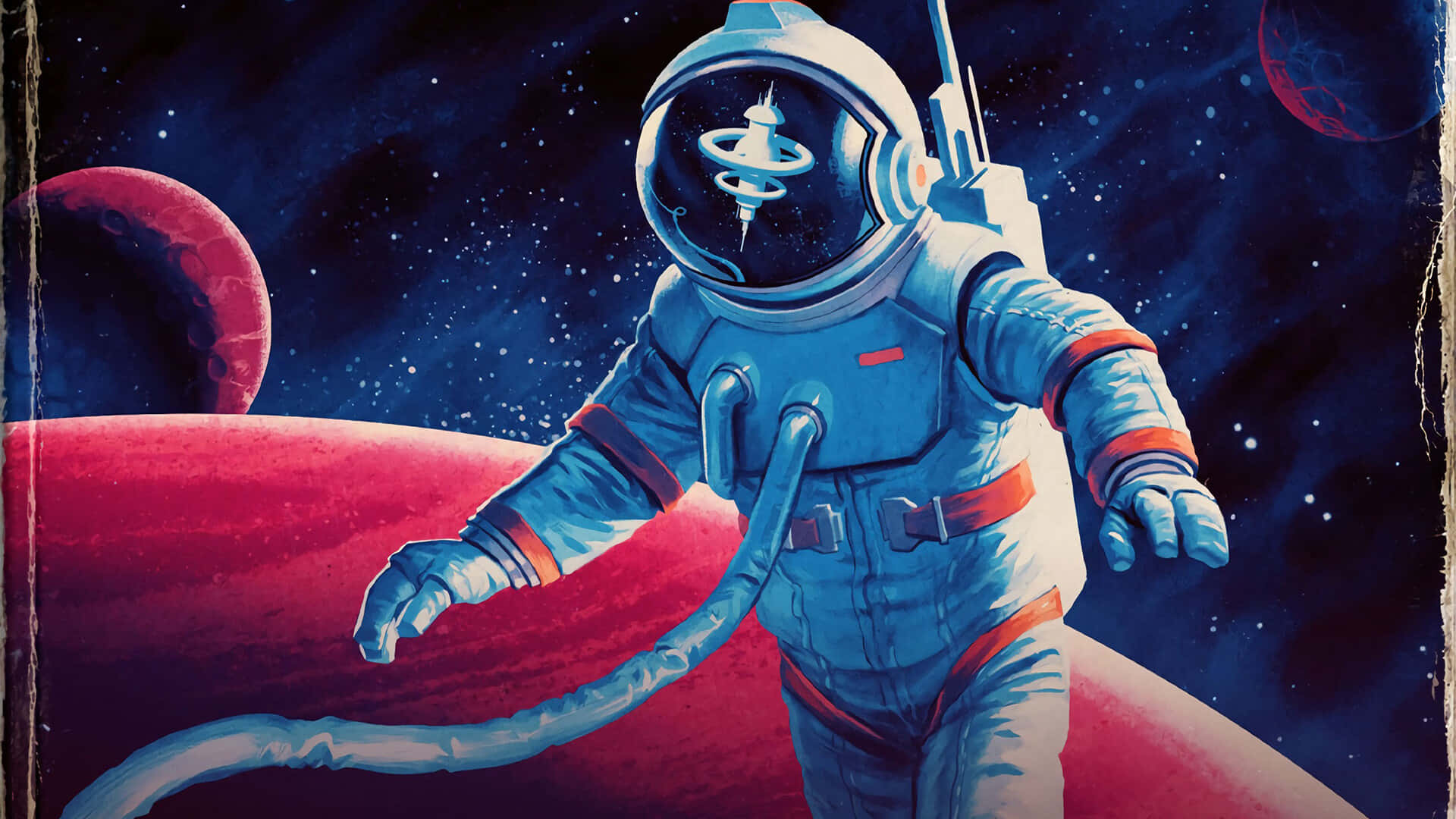 引人入勝的蒸汽龐克奇幻風景 壁紙 — 一名身穿藍色太空衣的太空人漂浮在一個紅色行星上方，背景有星星和遙遠的月球。