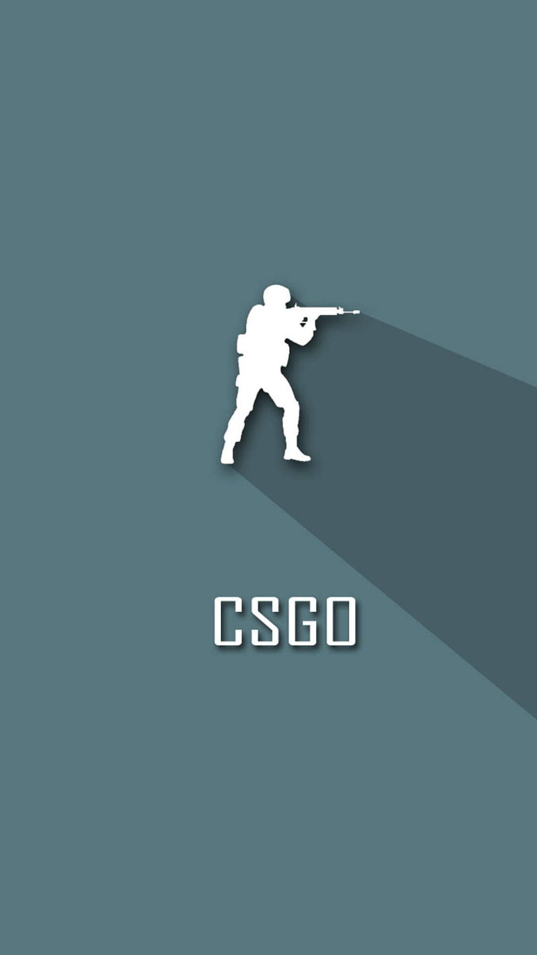 白色士兵剪影瞄準步槍，帶長陰影和CSGO文字，背景為青綠色。