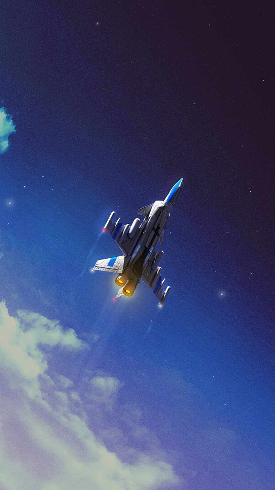 一架戰鬥機在夜間飛行，引擎發光，背景是星空和雲層。