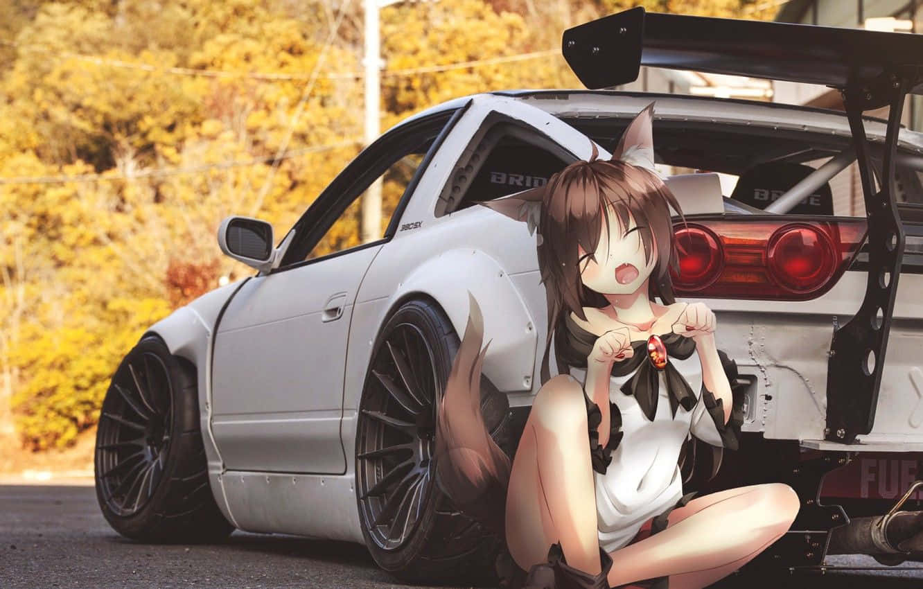 長著狐狸耳朵和尾巴的動漫女孩，秋天坐在白色跑車旁邊。