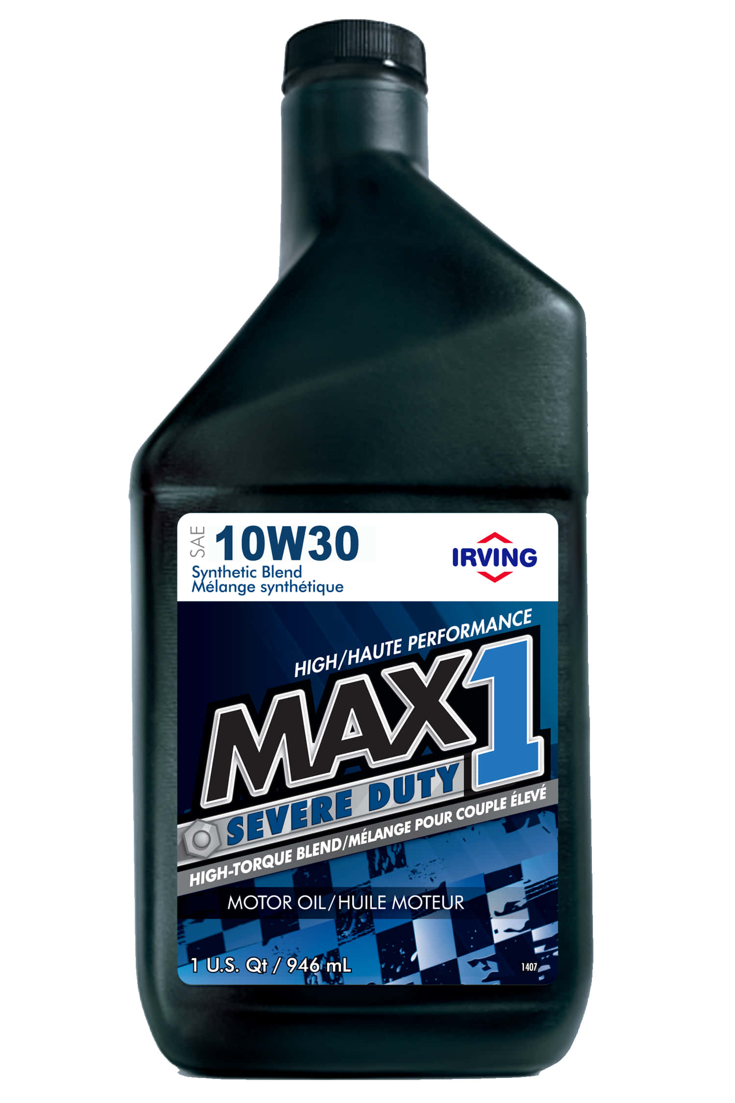引擎順暢運轉，請檢查機油 壁紙 — 一個黑色瓶裝 Irving Max1 10W30 合成機油，帶有醒目的藍白標籤，背景為白色。