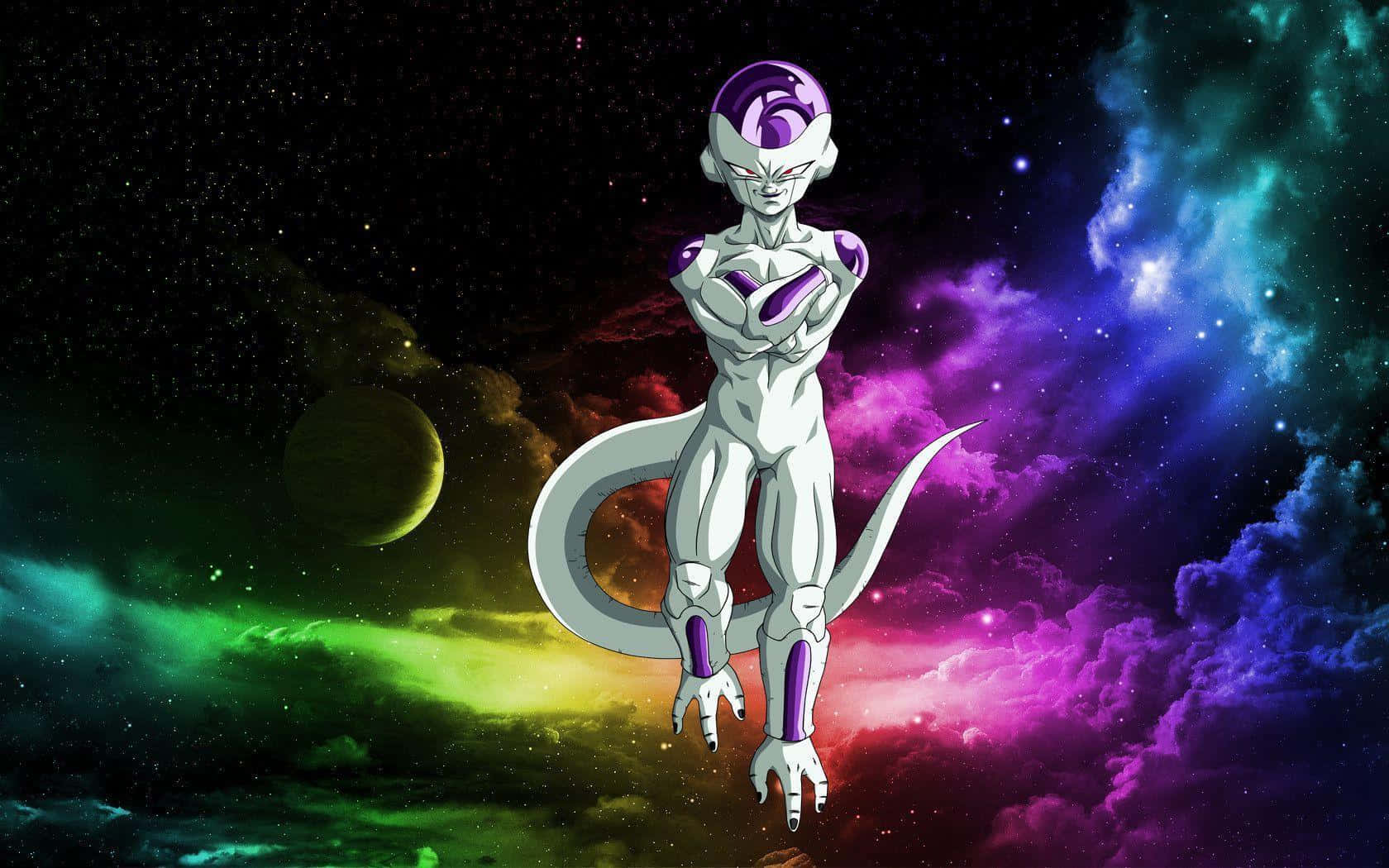 動漫角色菲利在色彩繽紛的太空中漂浮，周圍有星雲和行星。