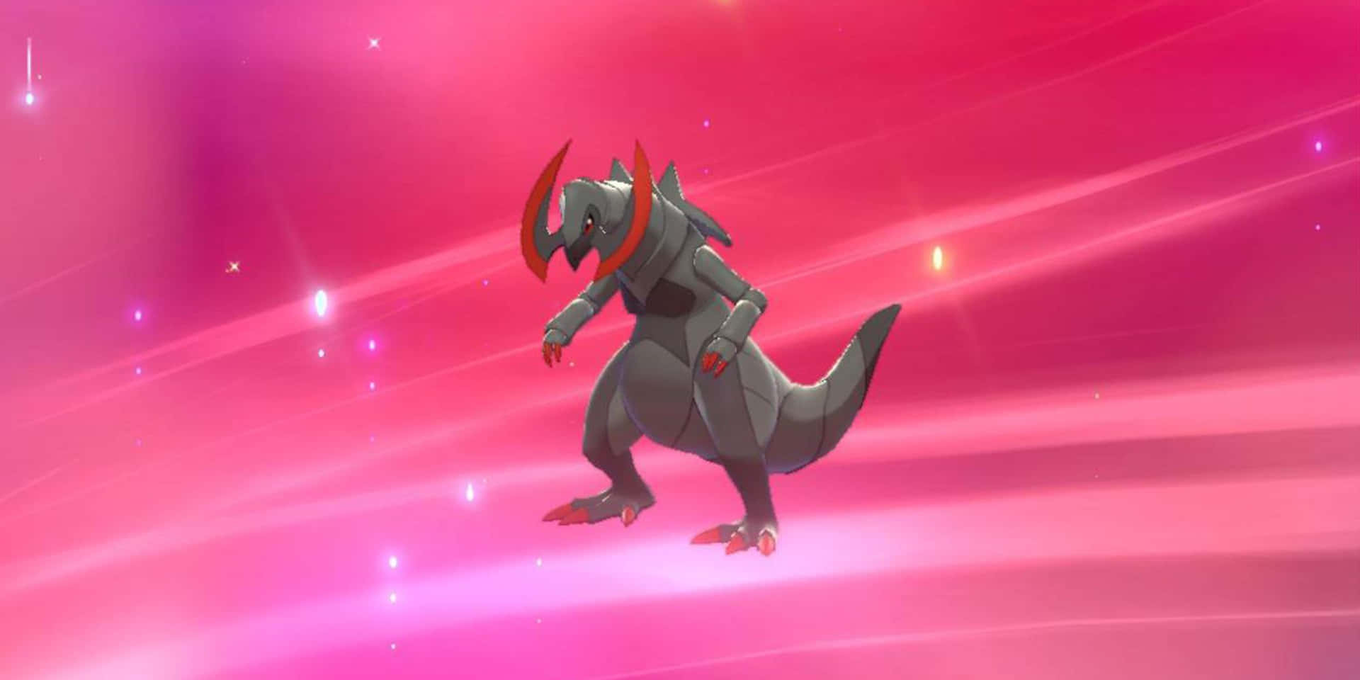 在發光的粉紅色宇宙場景中，一隻有紅色角和爪子的灰色恐龍寶可夢。