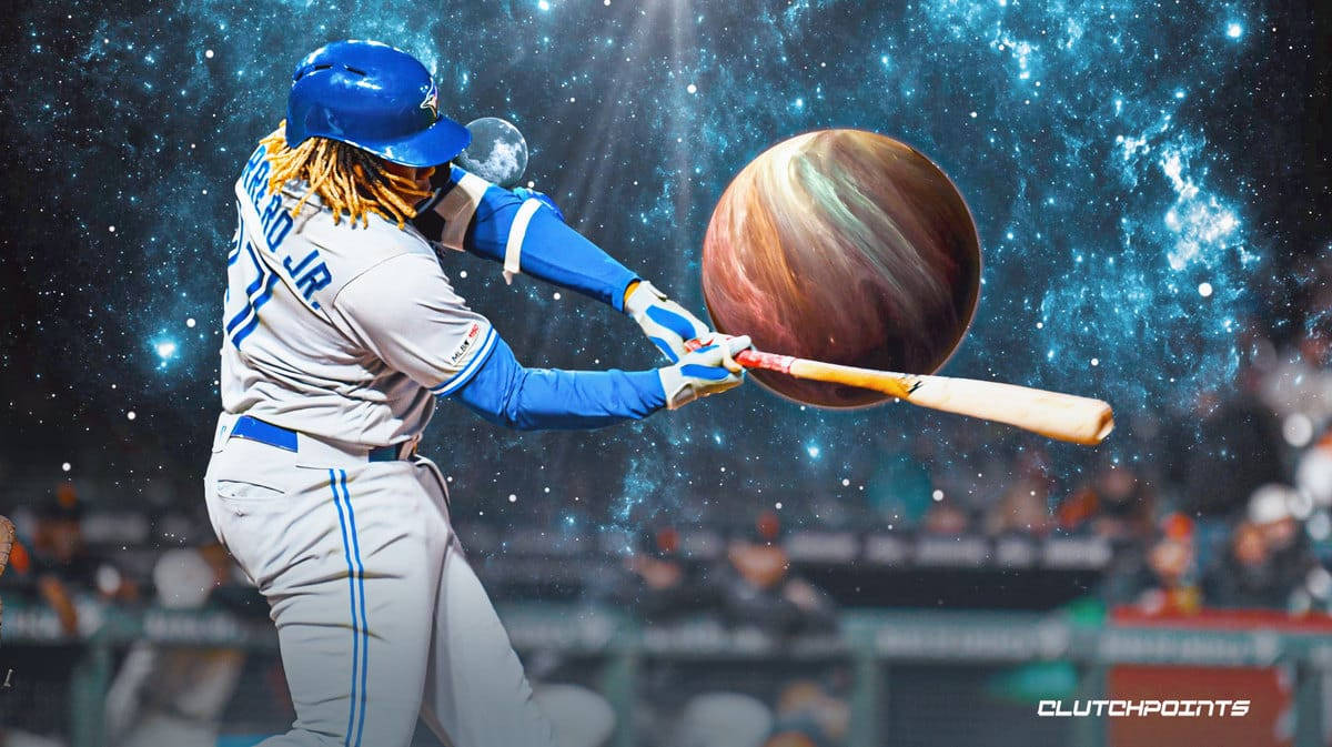 棒球運動員在星空夜晚球場場景中向行星揮棒。