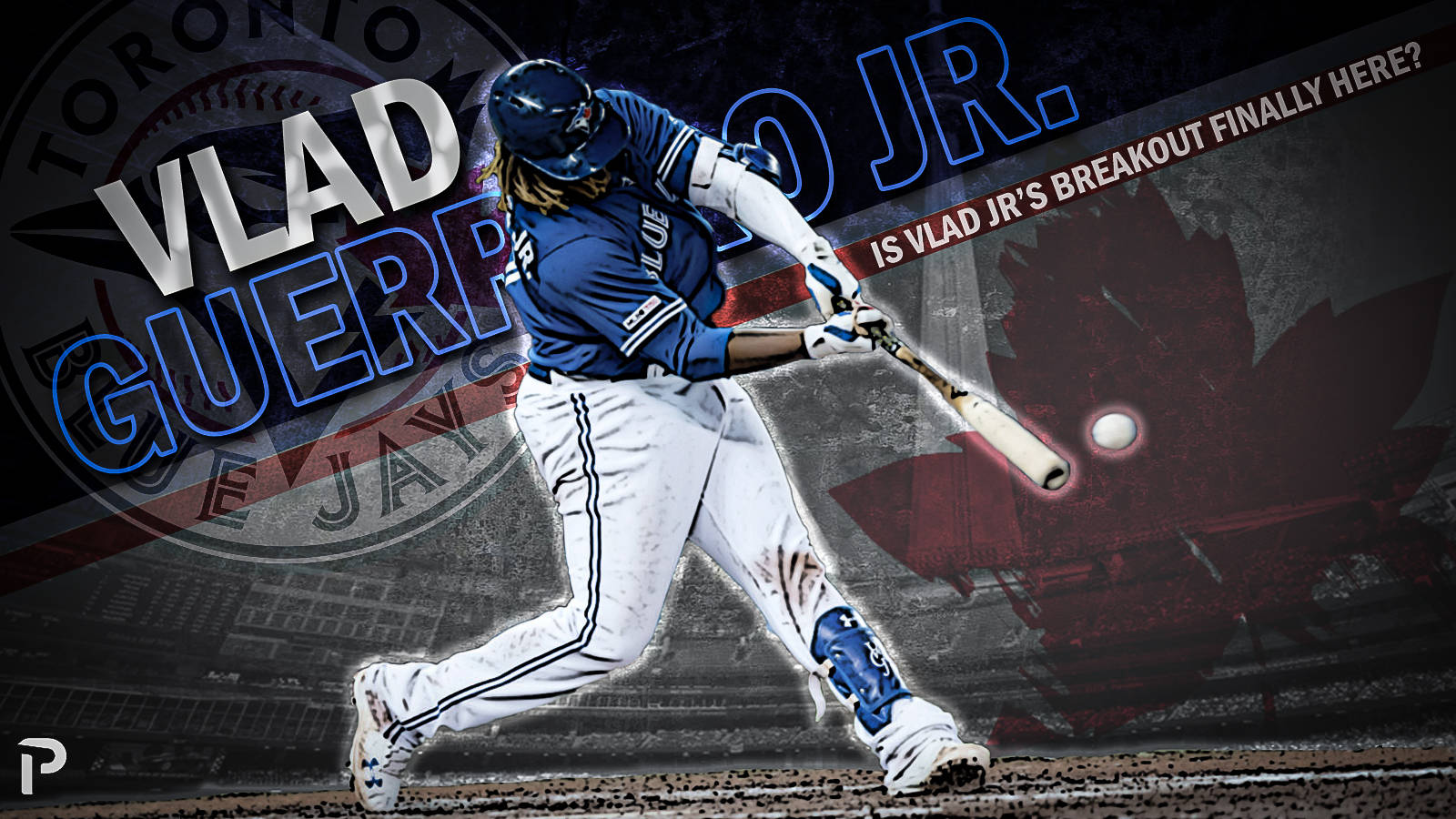 Vlad Guerrero Jr. 穿著多倫多藍鳥隊制服揮動棒球棒。