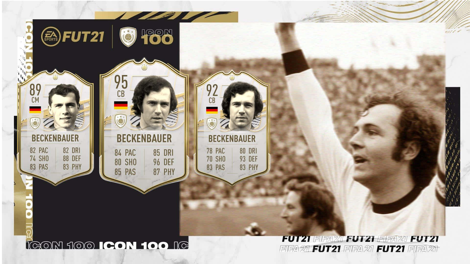 FIFA 21 Icon 100球員卡， featuring 碧根鮑華和復古足球慶祝照片。