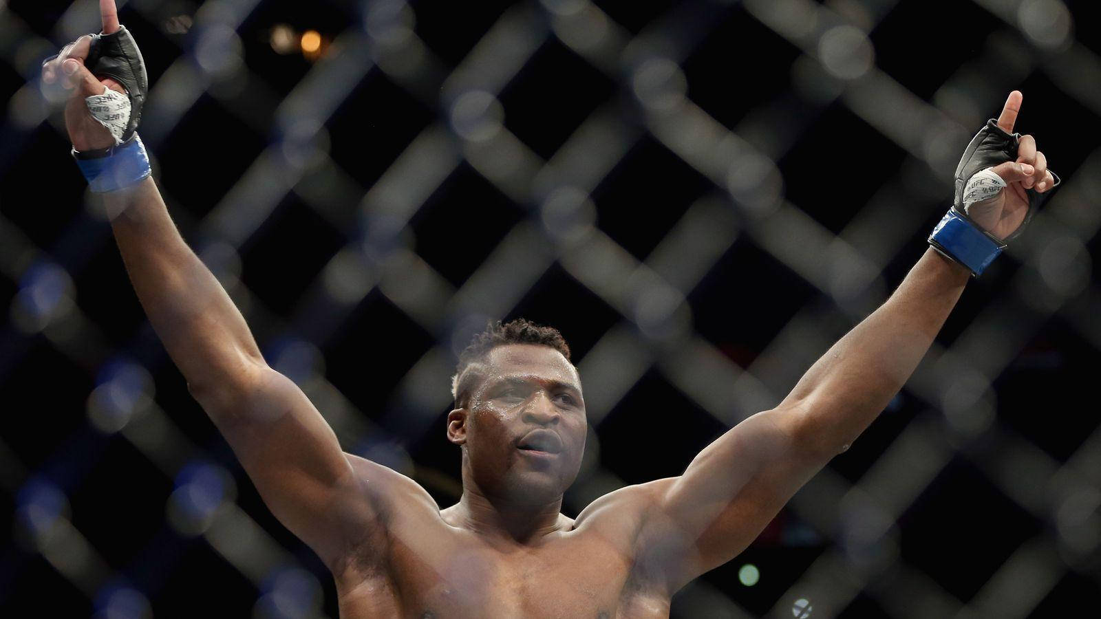 MMA選手在八角籠內高舉雙臂慶祝勝利。