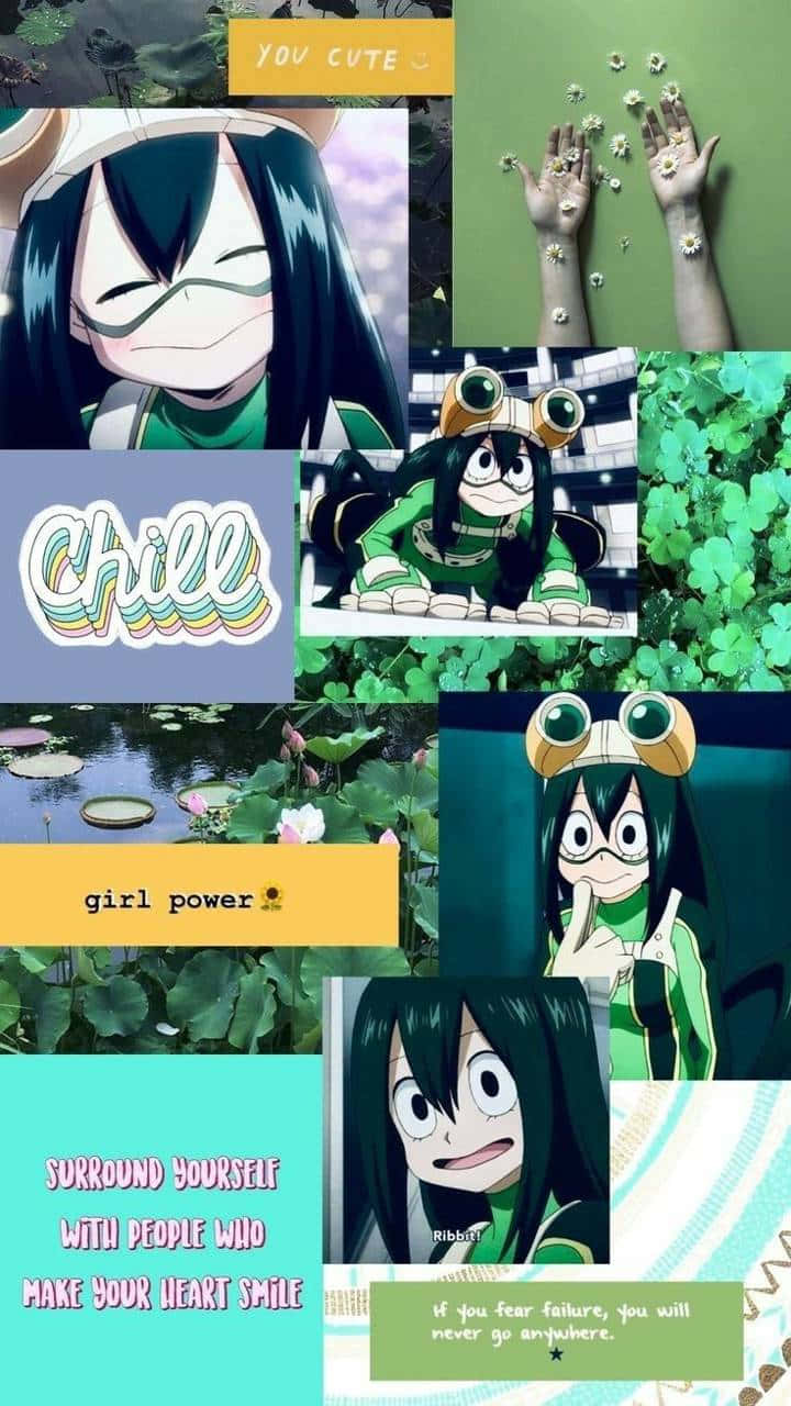 動漫角色Momo Yaoyorozu拼貼畫，帶有綠色自然和勵志文字。