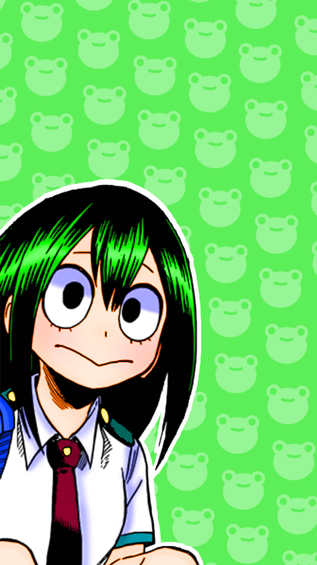 綠色頭髮的動漫女孩穿著校服，背景是綠色青蛙圖案