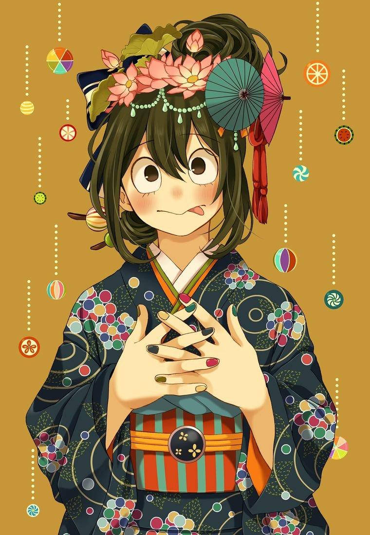 動漫女孩穿著傳統和服，帶有花卉圖案和漂浮裝飾物，金色背景。