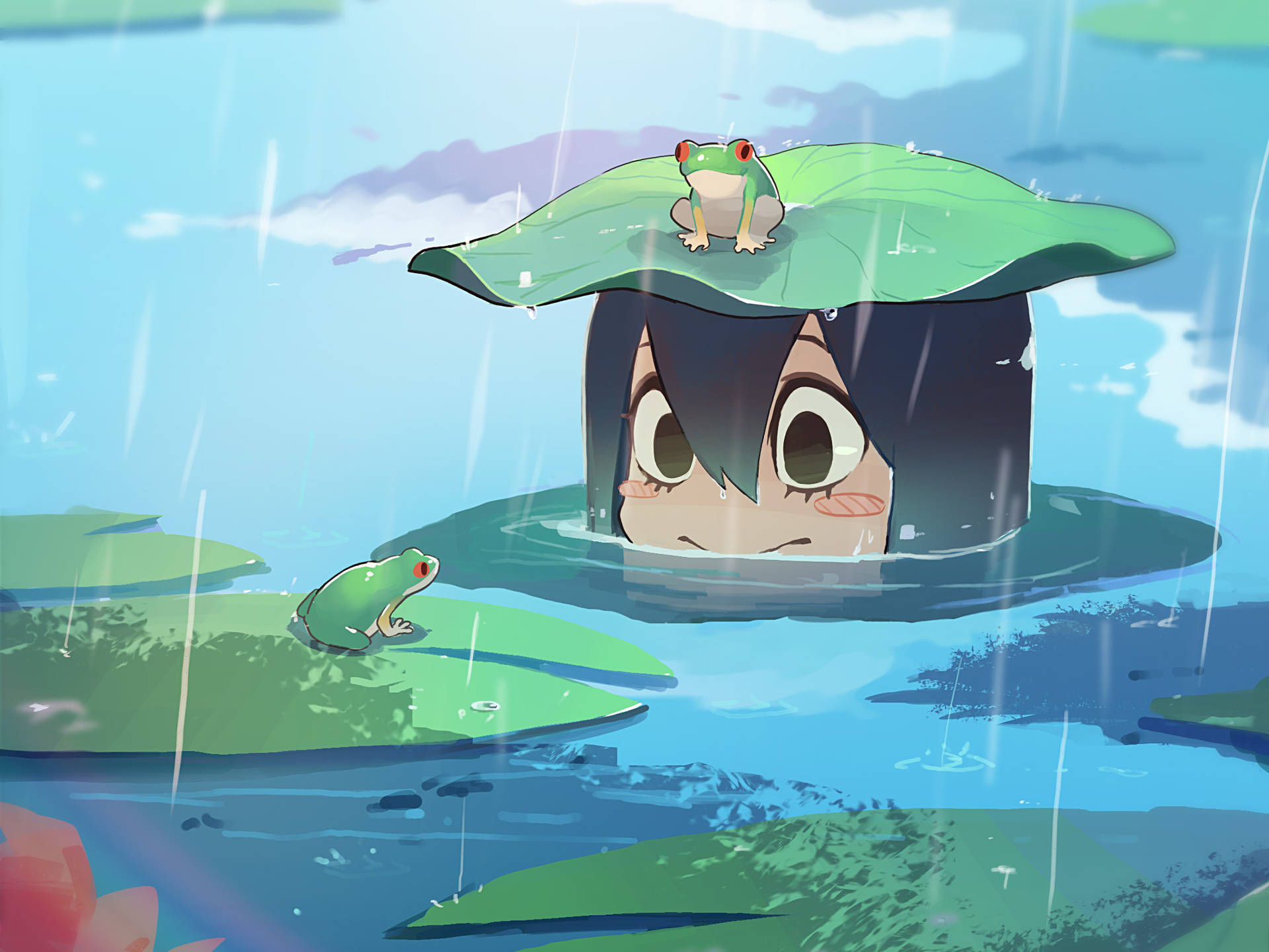 深色頭髮動漫女孩從荷葉下的水中窺視，雨中與青蛙一起。