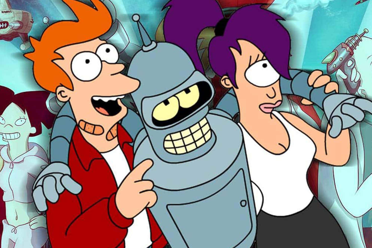《飛出個未來》角色 Fry、Bender 和 Leela 與機械人和外星同伴在卡通場景中。