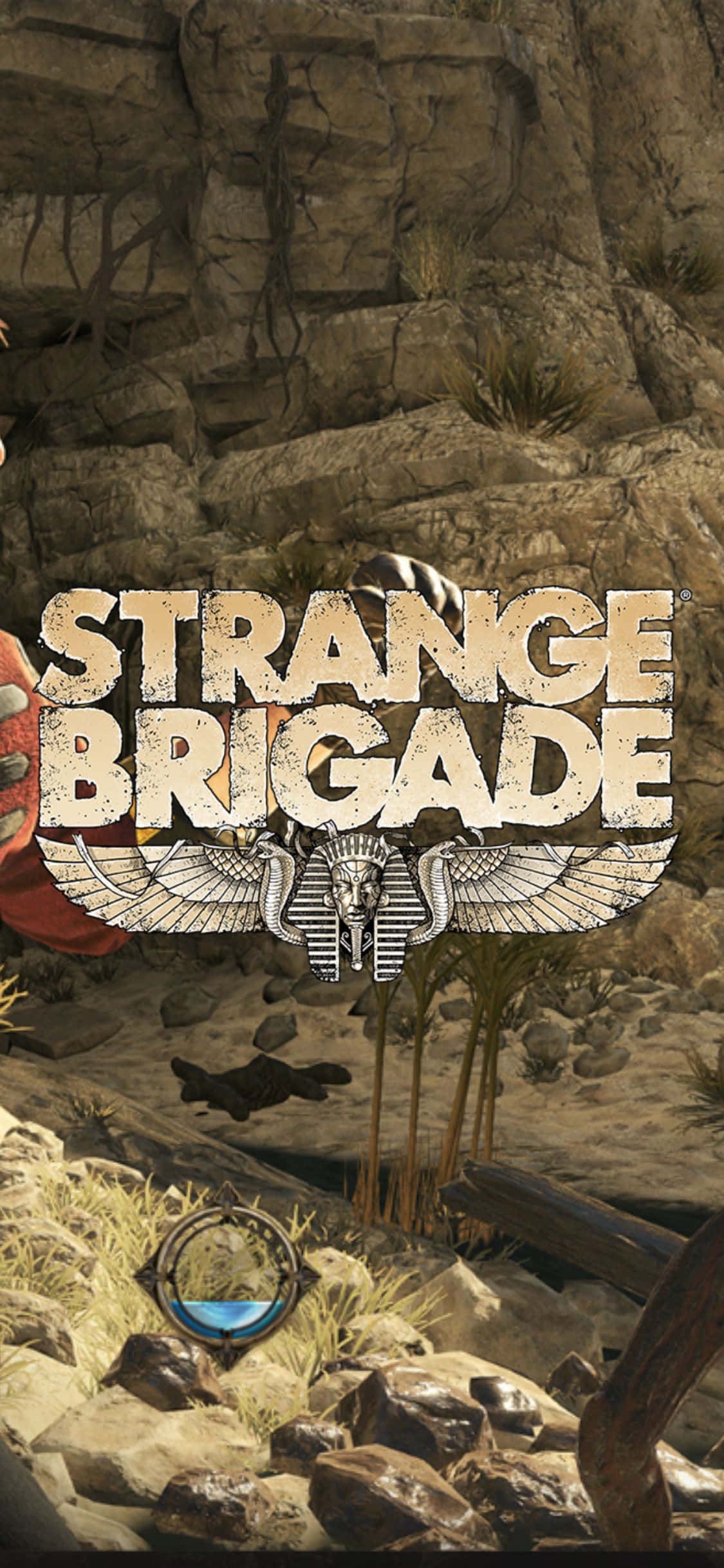 弗蘭克·費爾伯恩 iPhone X Strange Brigade 背景 壁紙 — 沙漠峽谷場景，岩石地形，稀疏植被，遊戲標題 Strange Brigade 以風格化字體突出顯示。