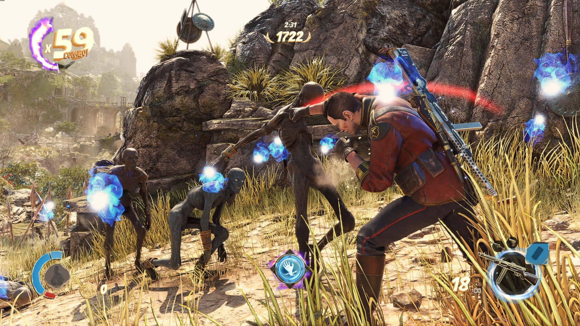 弗蘭克使用近戰攻擊最佳《Strange Brigade》背景 壁紙 — 一名身穿紅色盔甲的戰士在岩石沙漠戰場上與發光的藍色敵人戰鬥，並帶有遊戲UI覆蓋層。