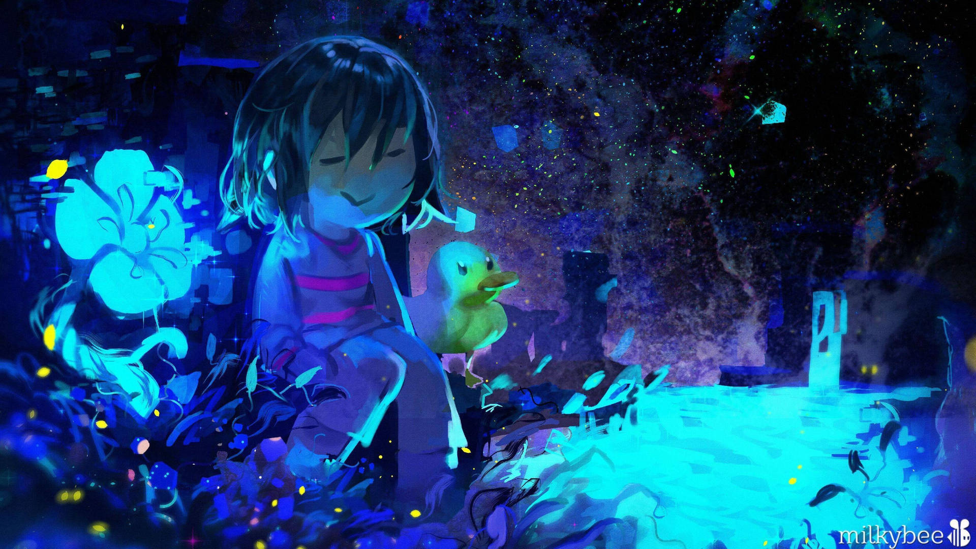 一個發光藍髮女孩與一隻黃鴨一起坐在一個有漂浮花朵的魔法夜晚場景中。