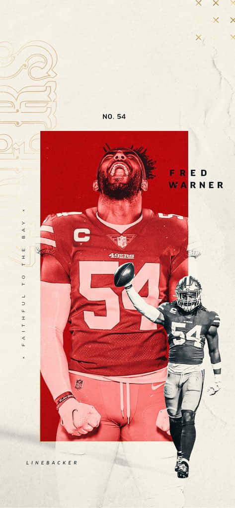 NFL 球員 Fred Warner 穿著紅色和黑色制服，搭配文字和圖像設計。