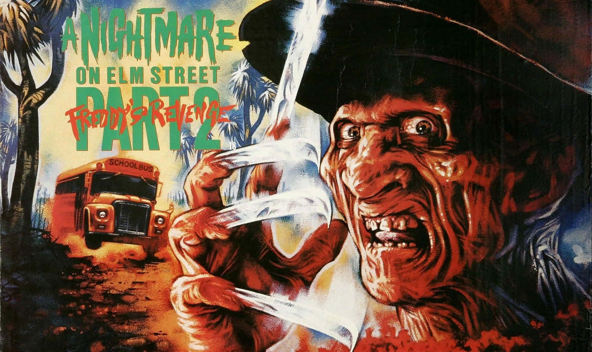 Monster Movies 桌布 壁紙 — 弗雷迪·克魯格手持剃刀從惡夢中撲出，一輛校車在鬼魅森林中疾馳。
