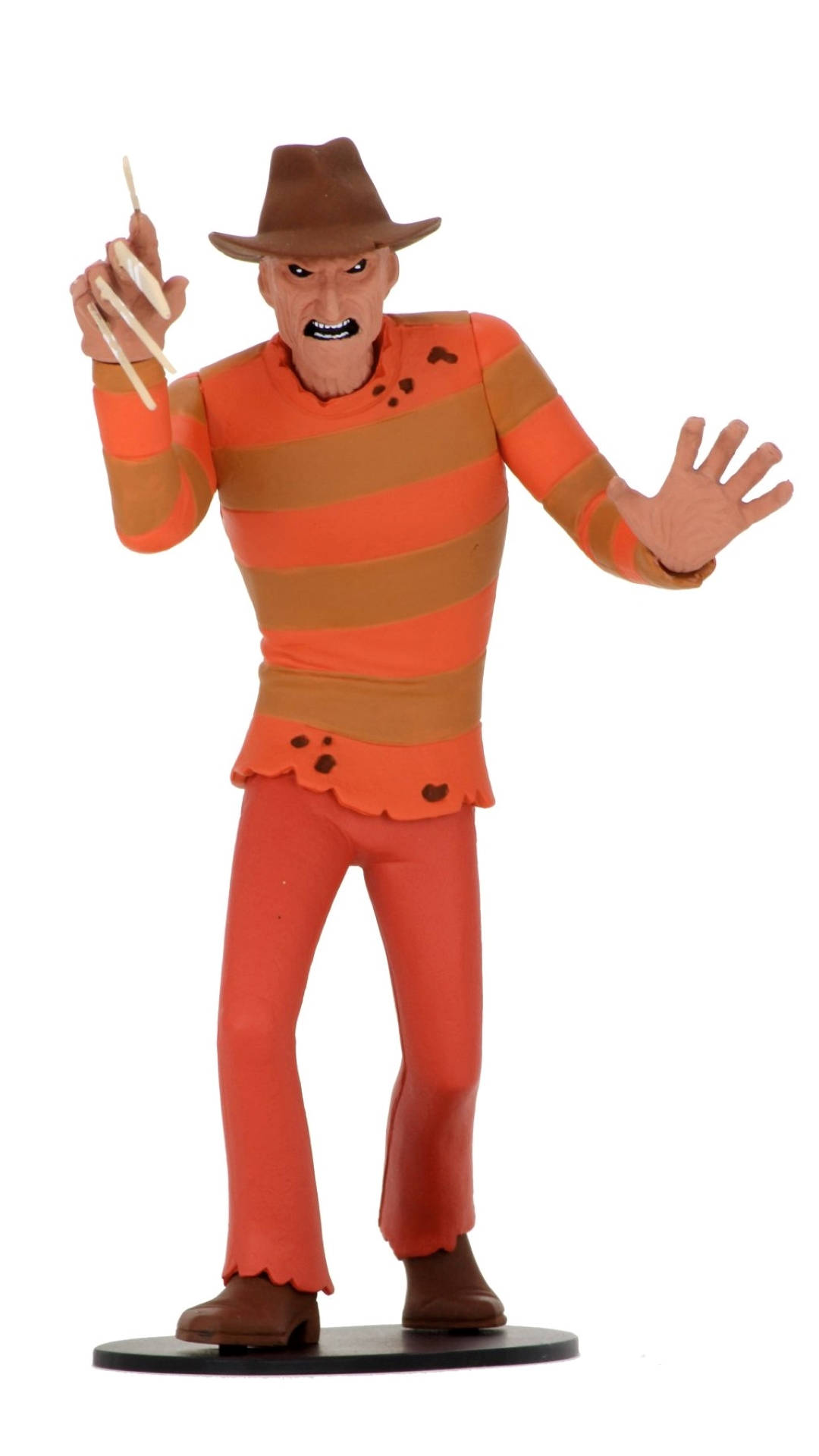弗雷迪·克魯格收藏玩具人偶 壁紙 — 一個令人畏懼的 Freddy Krueger 人偶，身穿標誌性條紋毛衣和帽子，手持刀片。